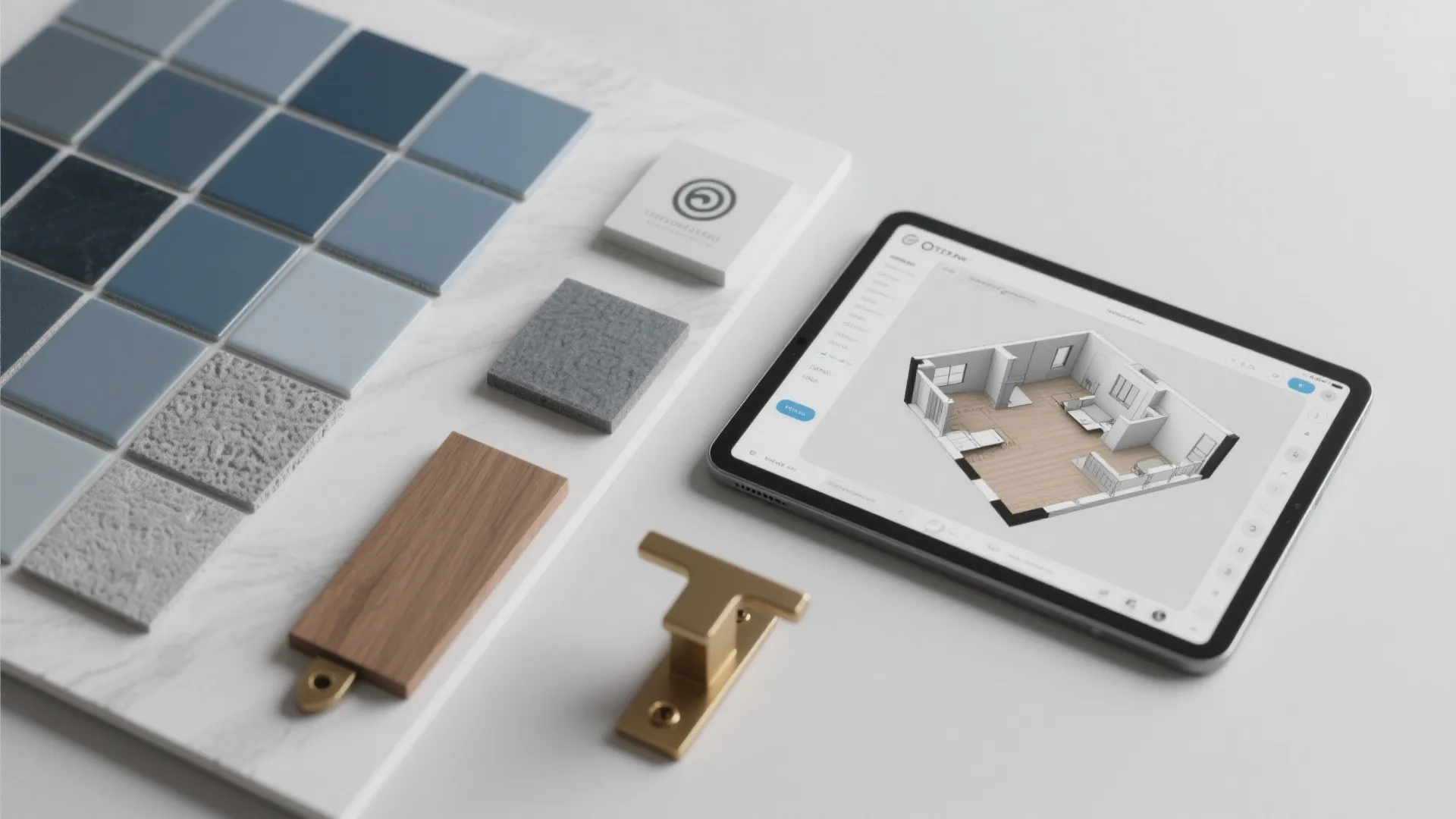 Interior design drawing on tablet next to blue tile samples and wood material on table