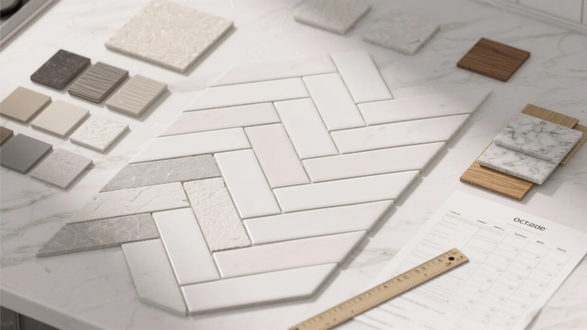 Flatlay of white tile samples, grout swatches, and wood veneers for planning a herringbone backsplash.