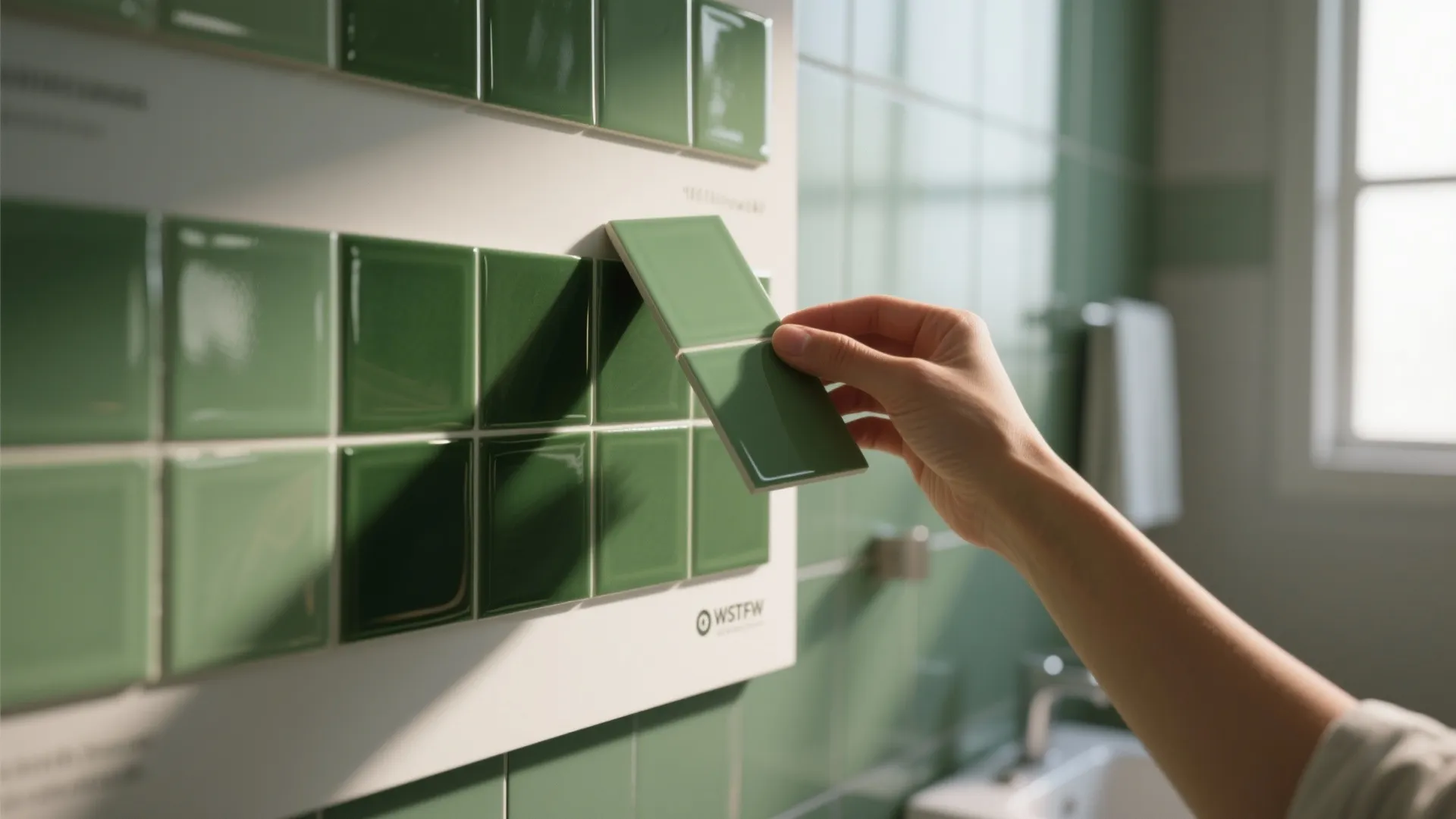 Hand holding green tile samples near window light to test color and finish