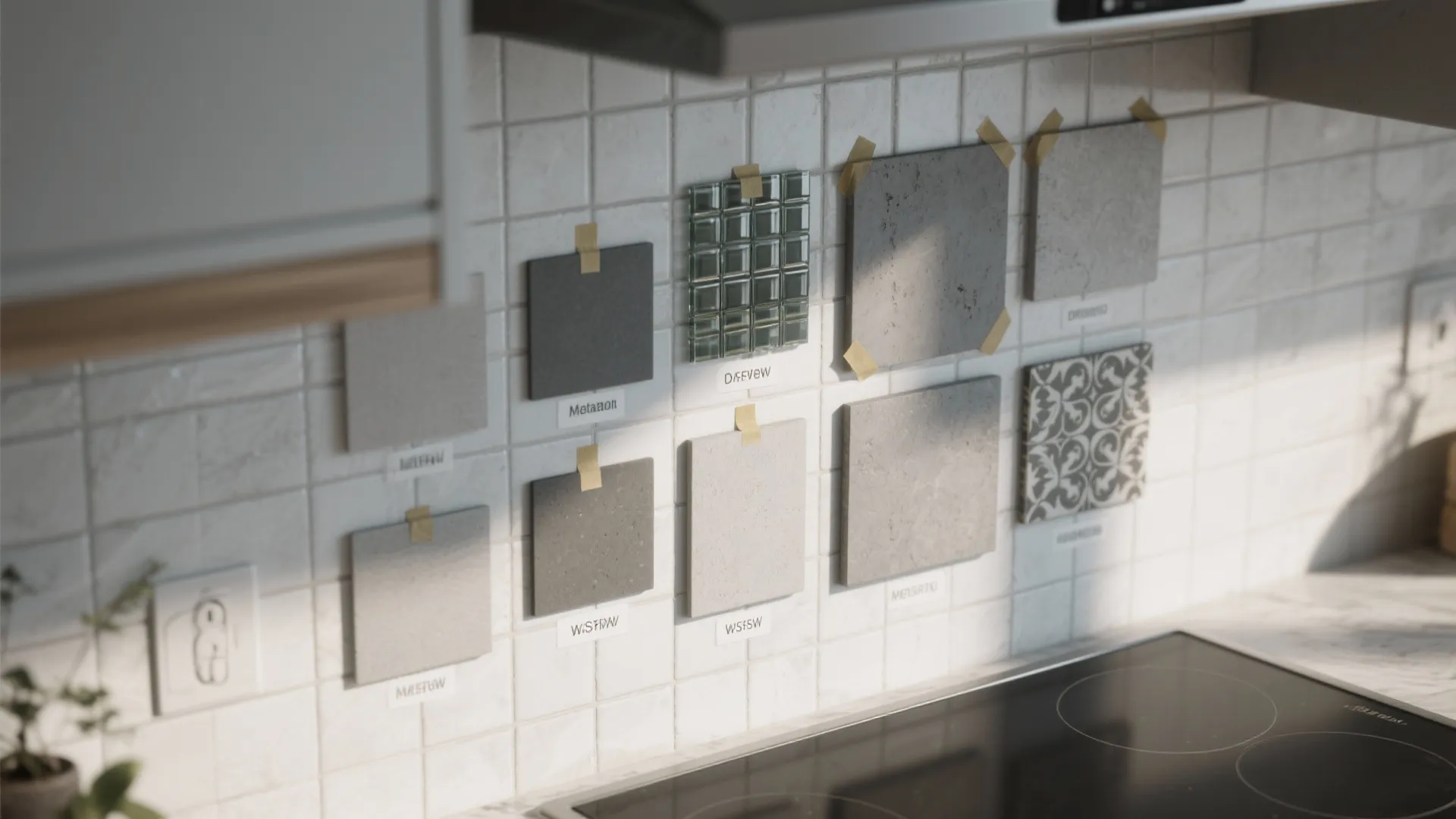 Top-down view of gray tile samples arranged on a kitchen backsplash area for testing under natural light.