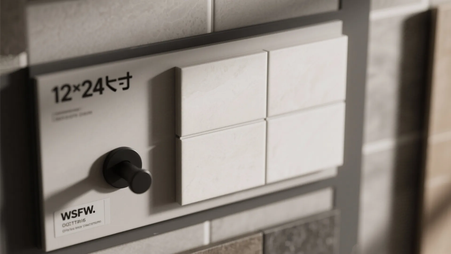 Macro shot of a 12x24 tile sample and matte black hardware showing grout line and texture