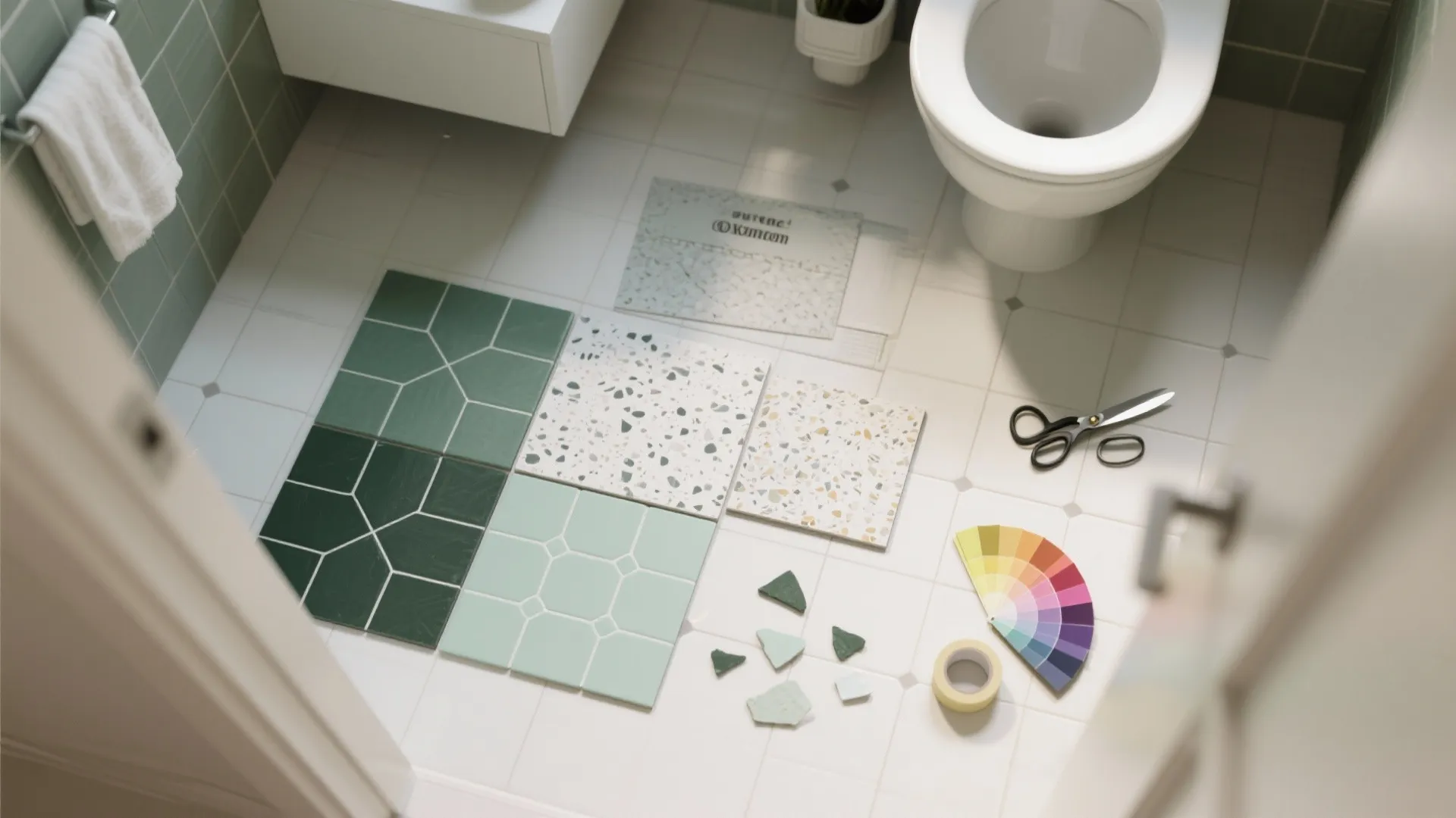 Green floor tiles color wheel scissors tape on white bathroom floor next to white toilet