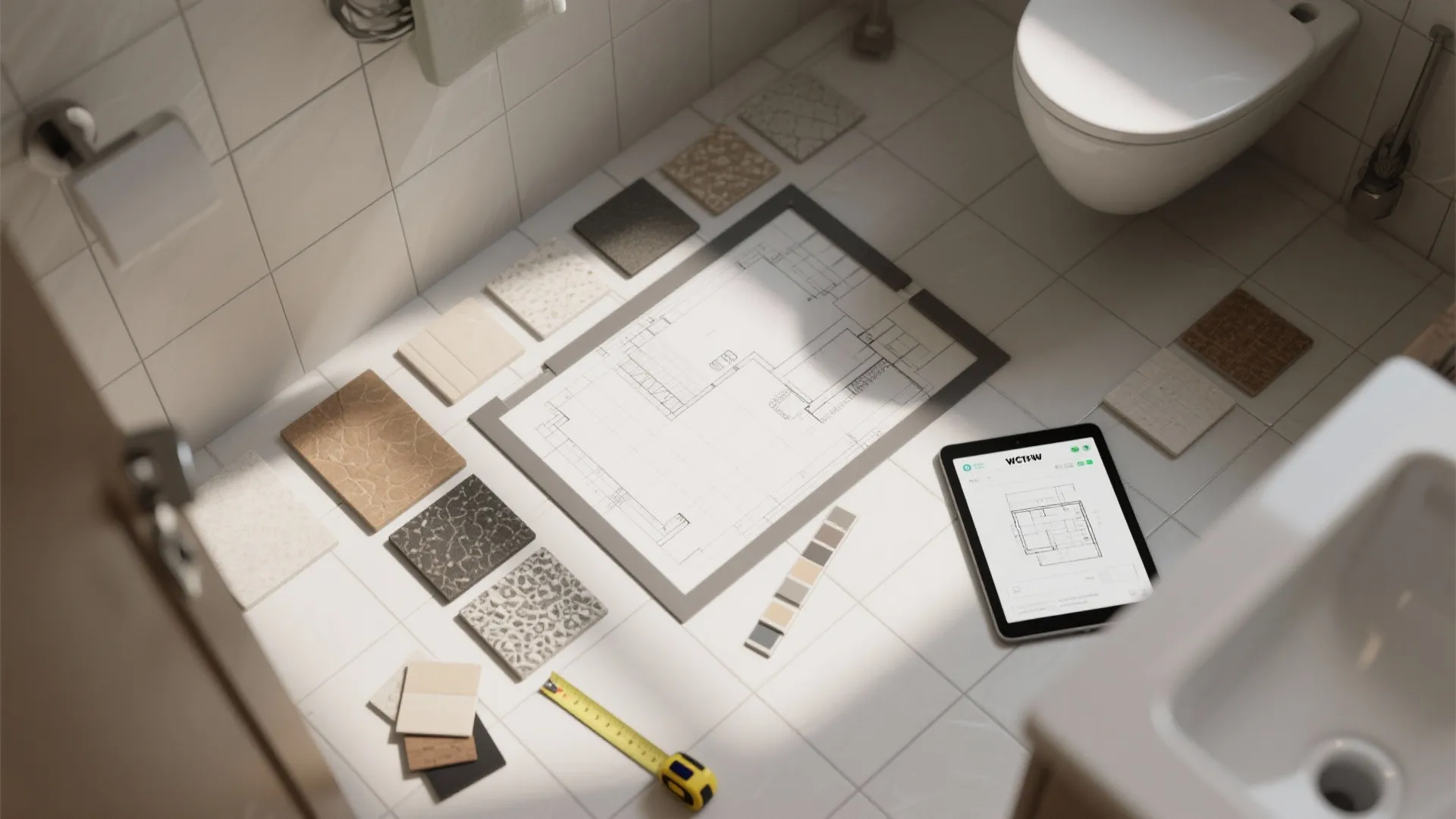 Top-down view of full-size tile samples and grout swatches laid out in a small bathroom for planning.