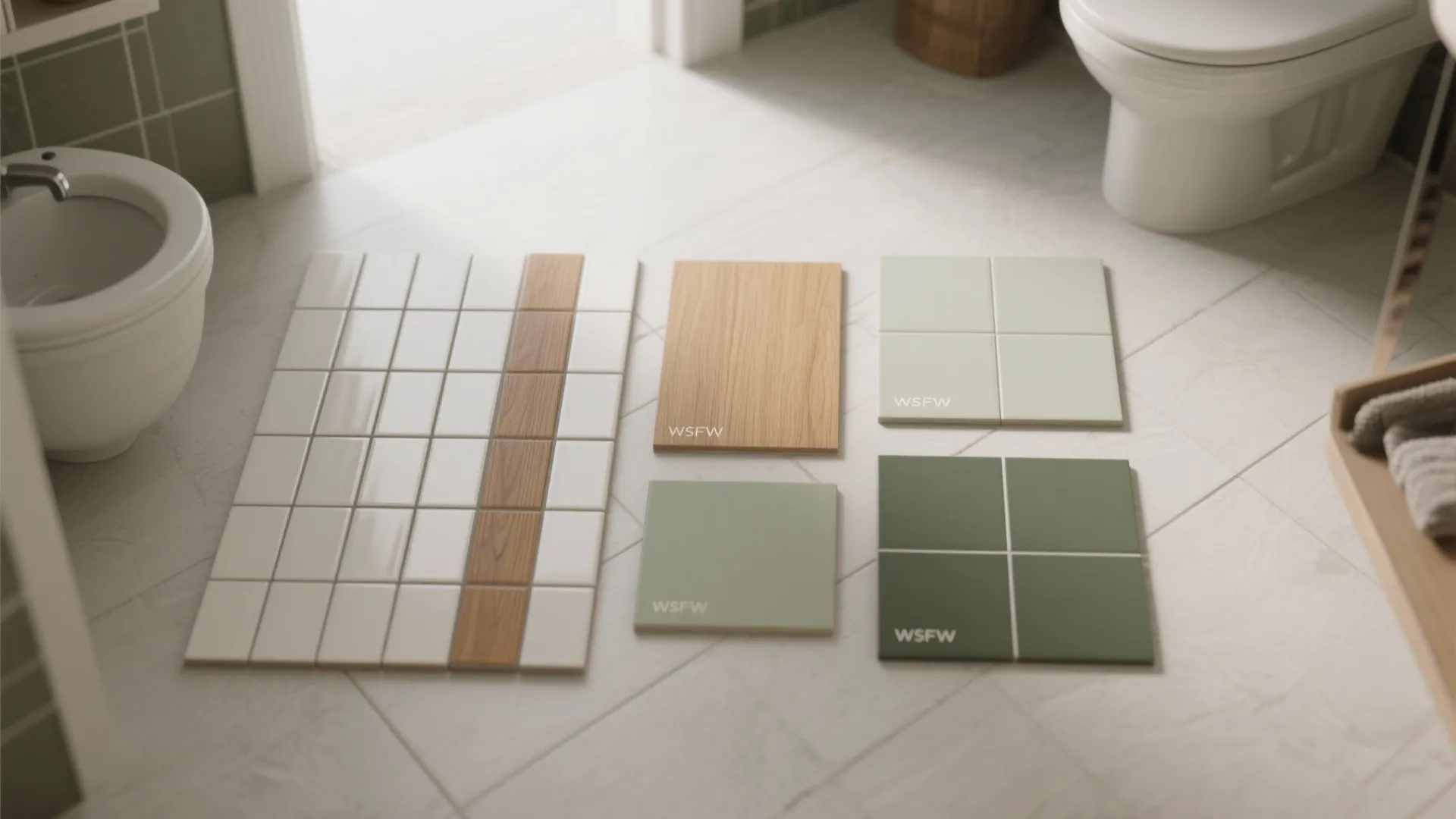 Green and white floor tile samples with wood panel sitting on a light colored bathroom floor