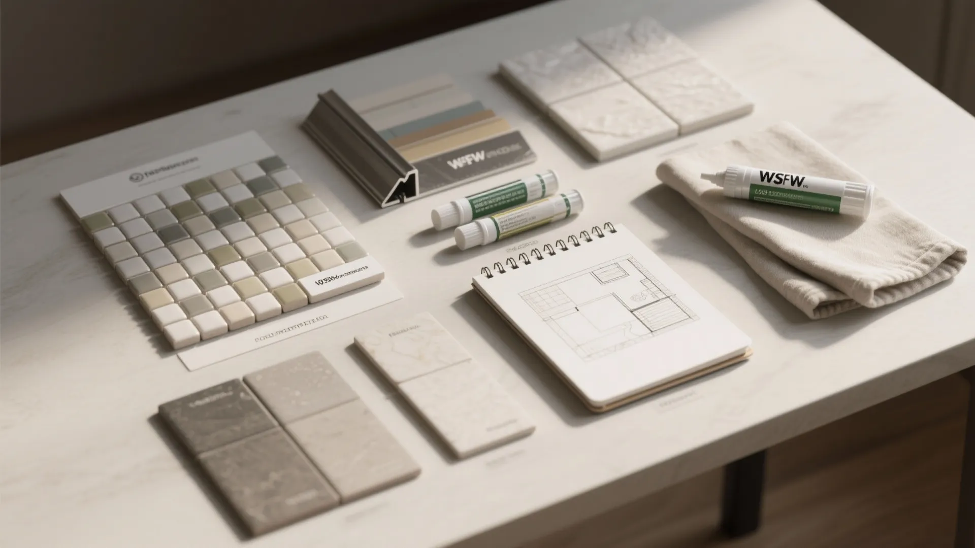 Collection of various tile samples stone pieces interior design sketch on a white work table