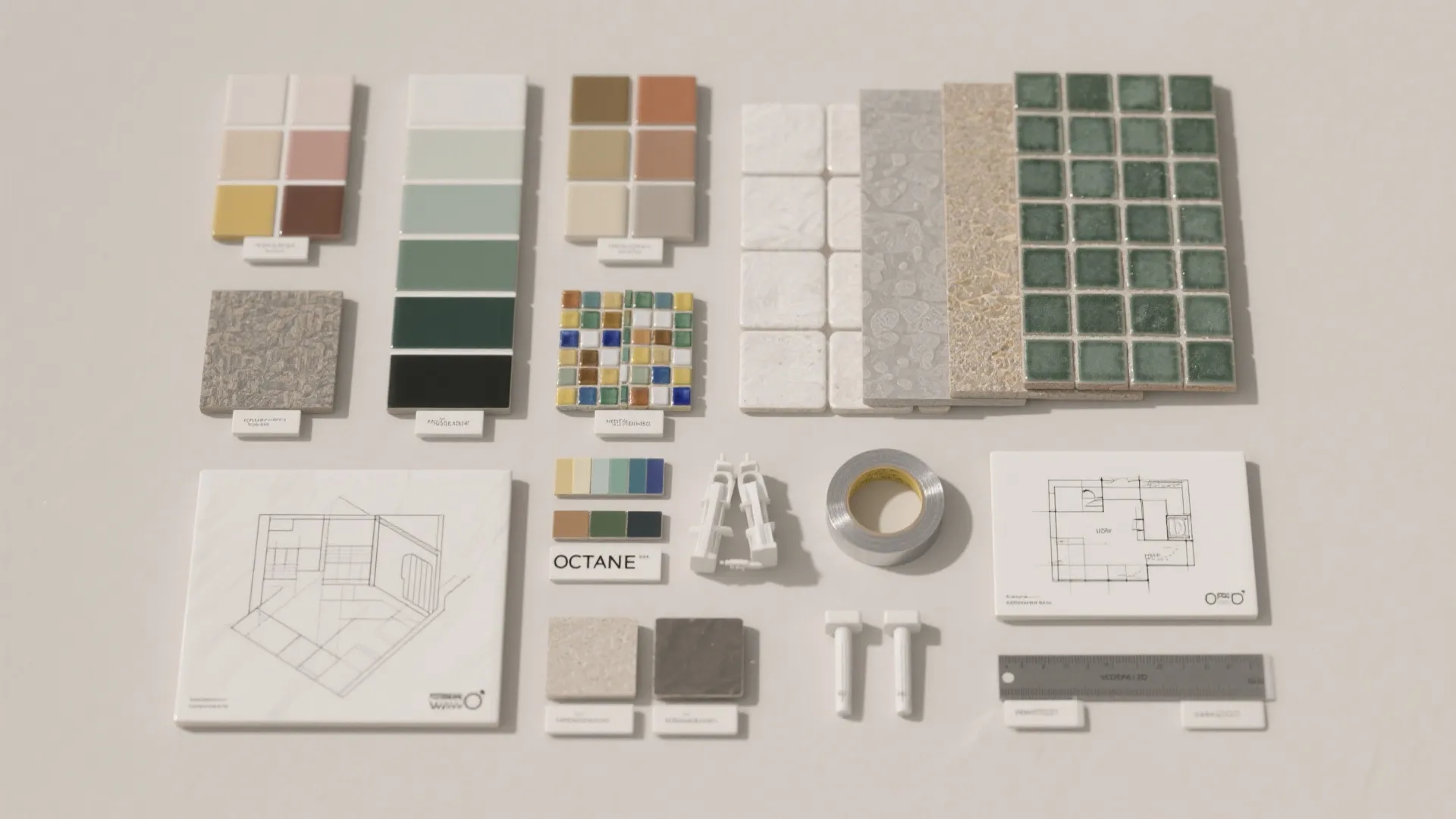 Interior design material board with colorful tile samples and floor plan sketches for home renovation