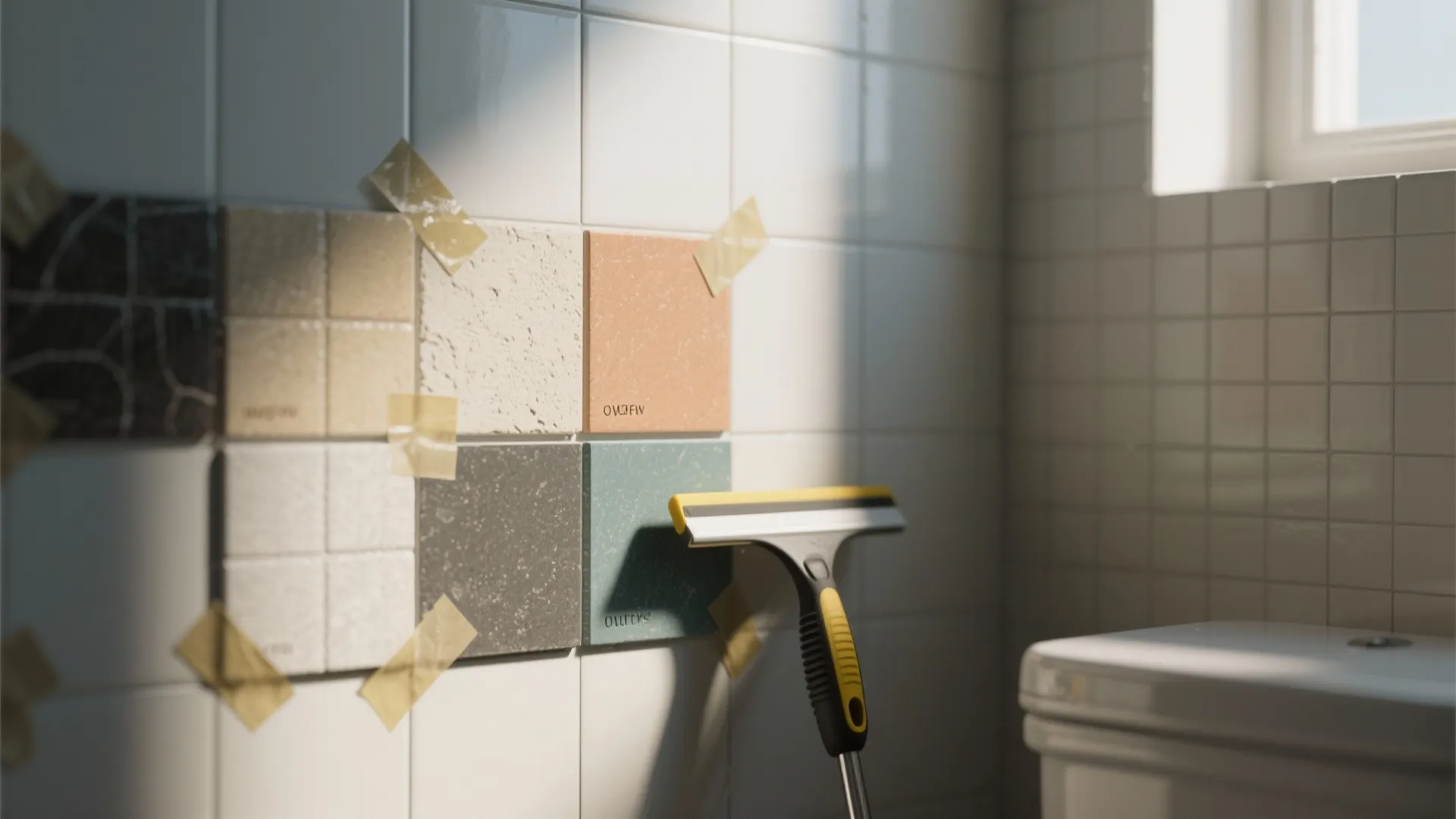 Colored wall tile samples taped to a white bathroom wall with a yellow cleaning tool