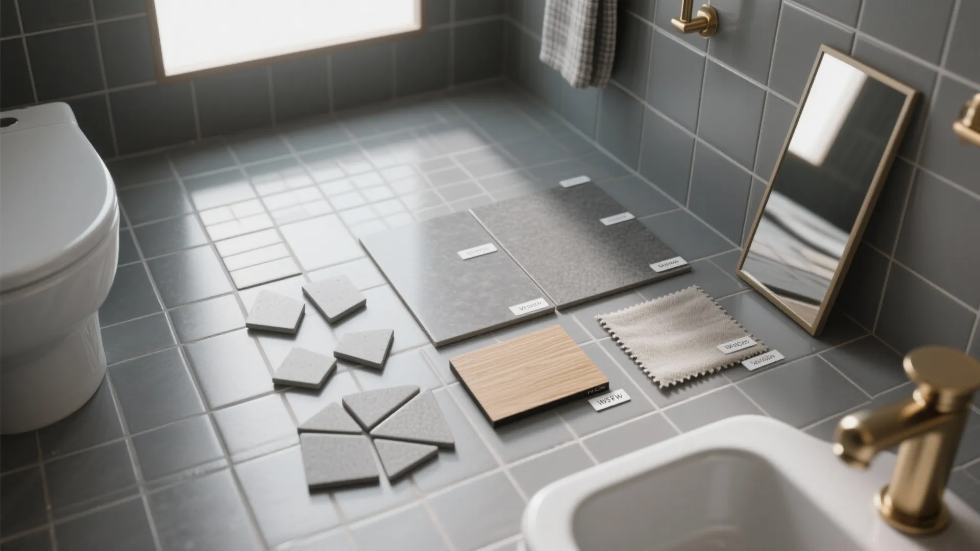Bathroom floor with various tile samples wood piece fabric swatch mirror and a gold faucet