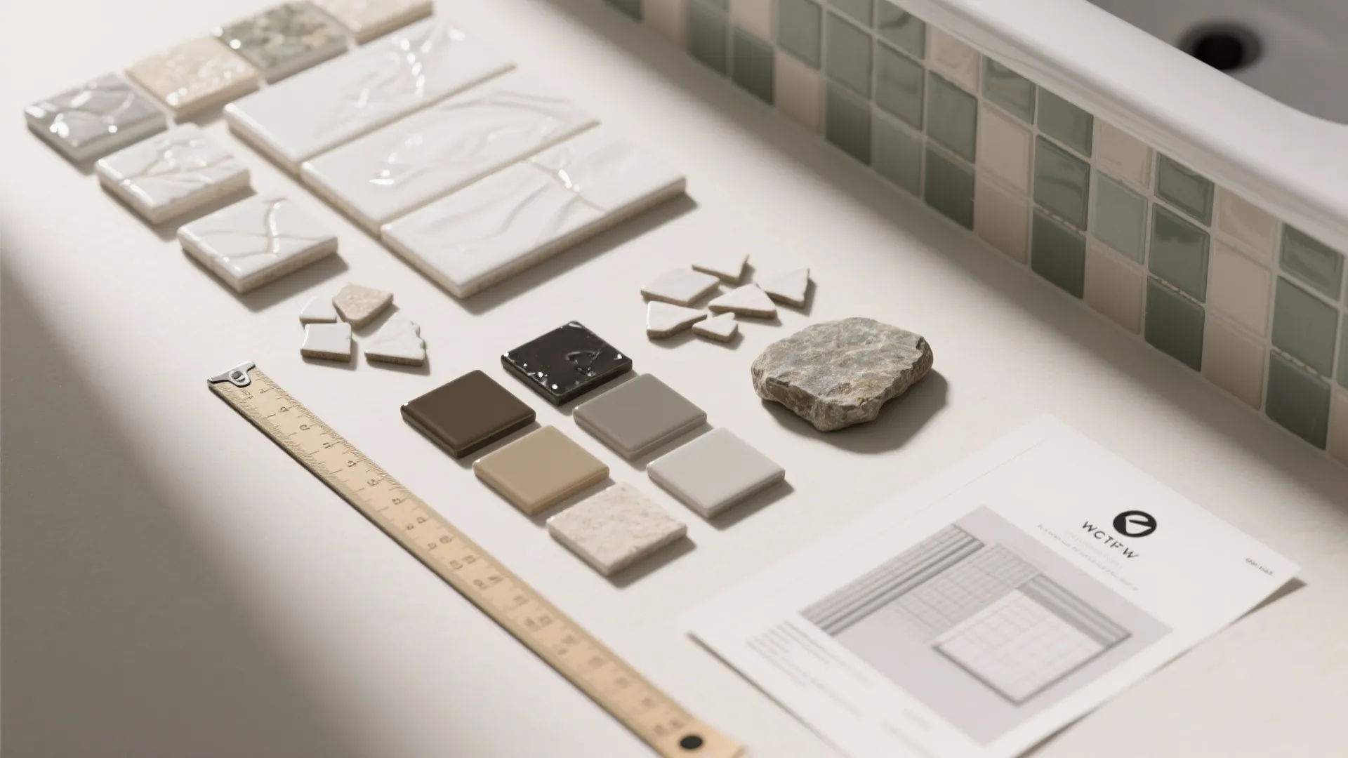 Selection of ceramic tile samples and stone sitting on a desk with ruler and paper