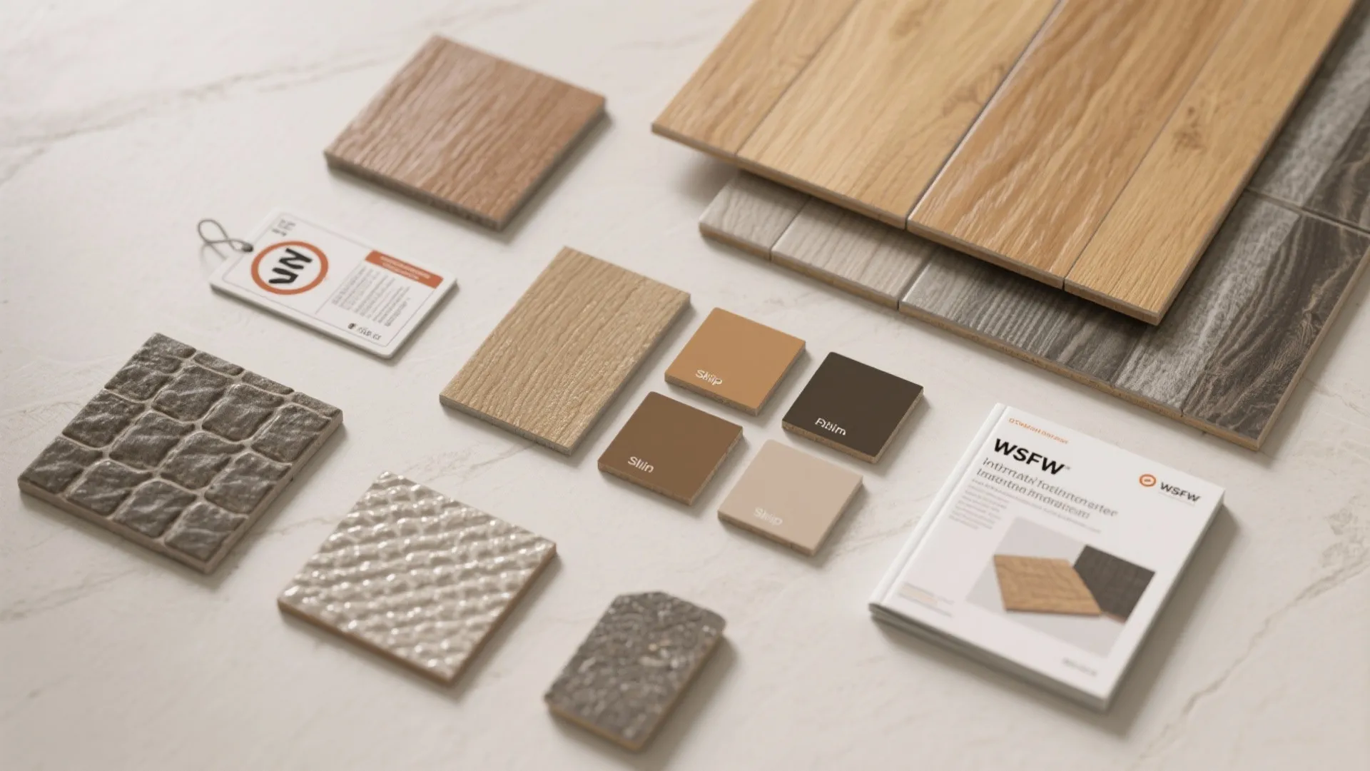 Selection of interior design material samples including wood tiles stone textures and small color boards