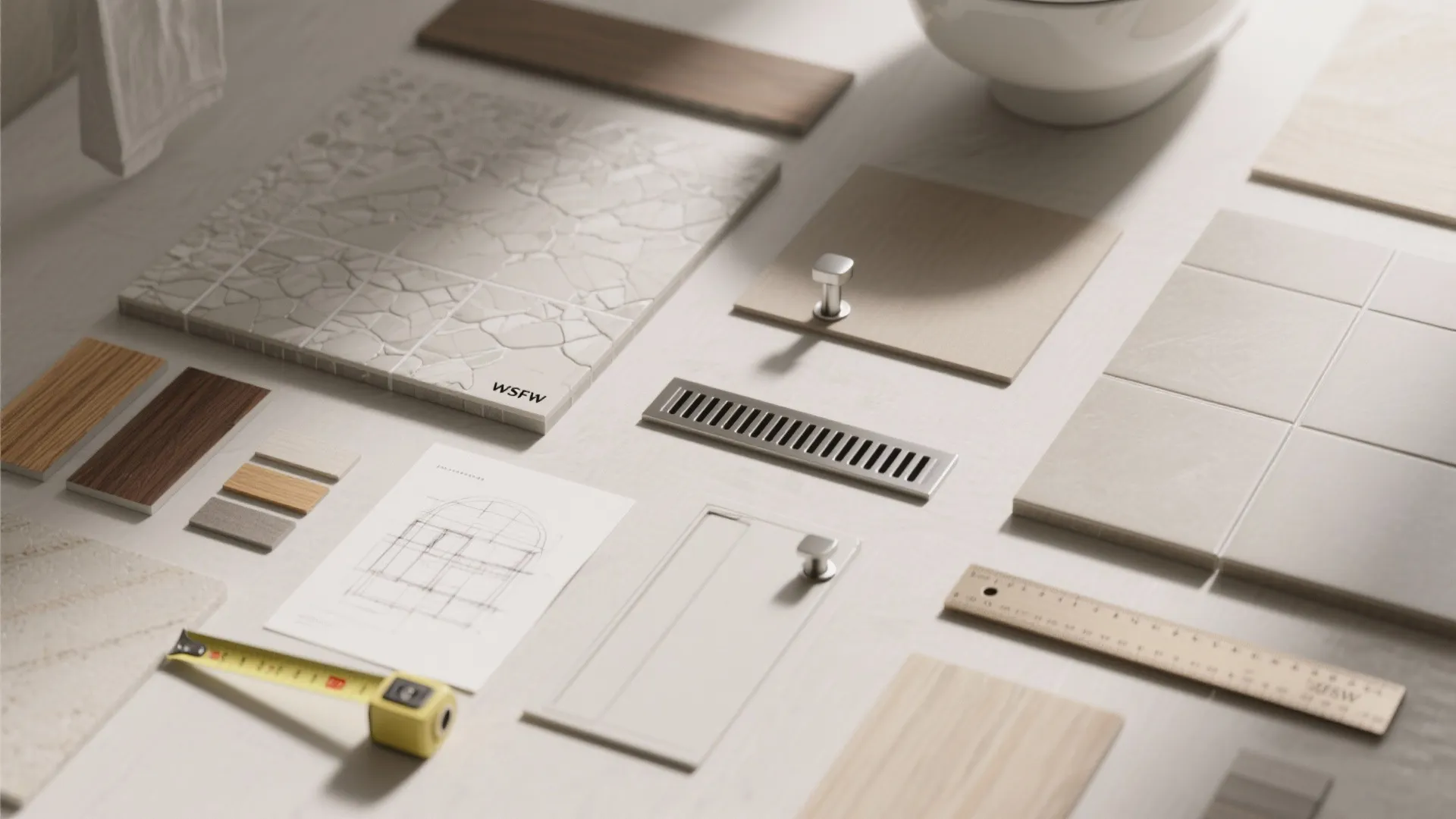 Top-down flatlay of tile samples, hardware swatches, pocket door sketch, and linear drain sample for small-bath planning.