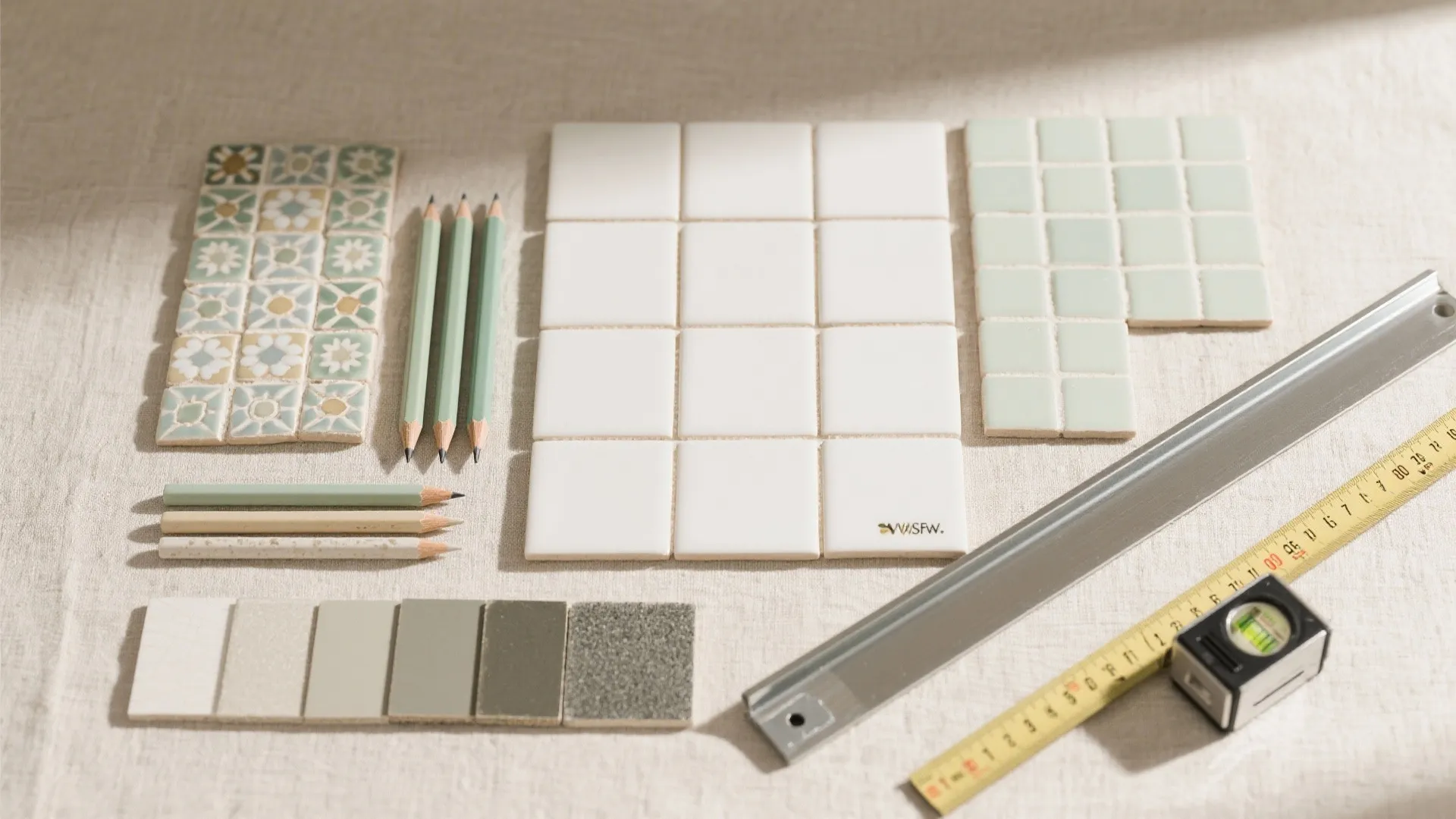 Various ceramic tile samples arranged with green pencils metal ruler and measuring tape on light fabric