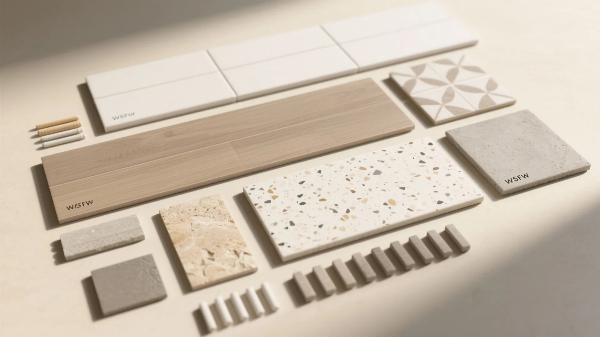 Various material samples including wood planks stone tiles and terrazzo patterns for interior design decoration projects