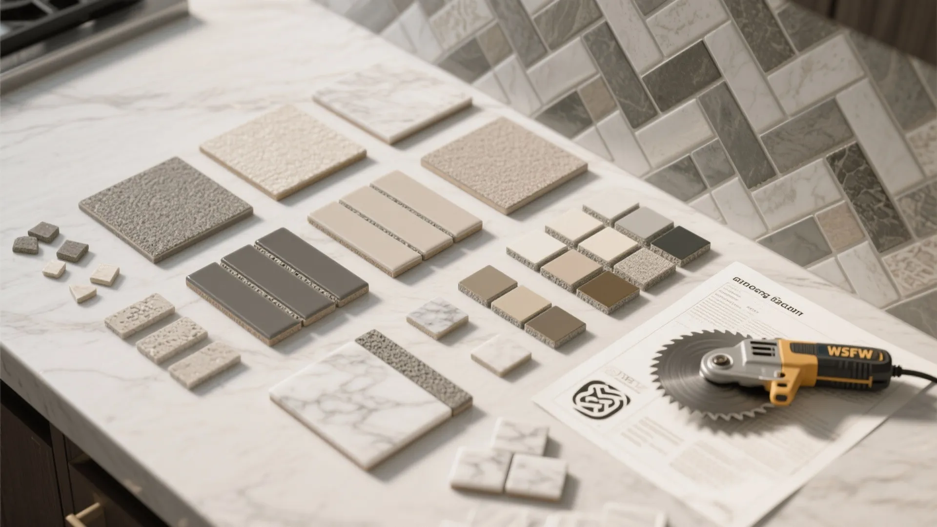 Various neutral tile samples in different shapes and sizes arranged on a white marble kitchen counter