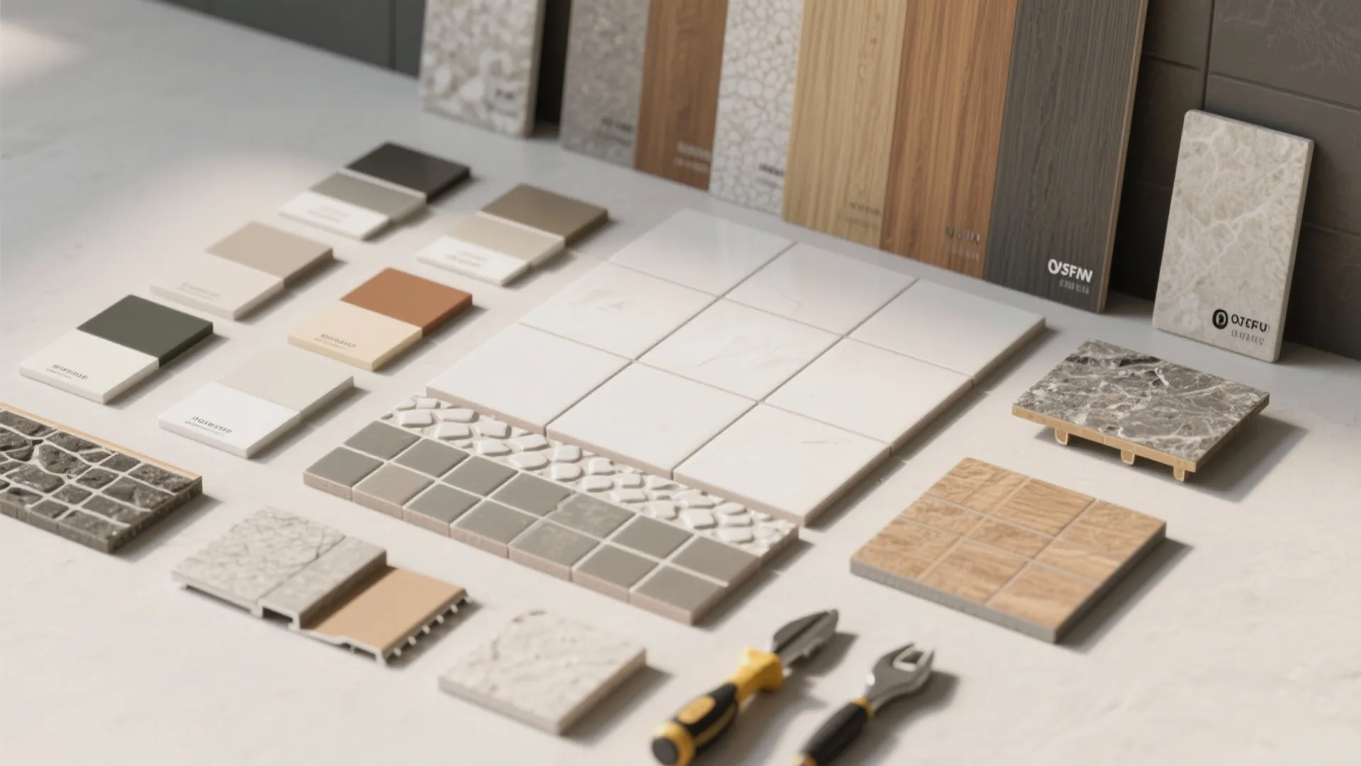 Top-down flatlay of tile samples, grout swatches, and trim pieces for planning half-wall installations.