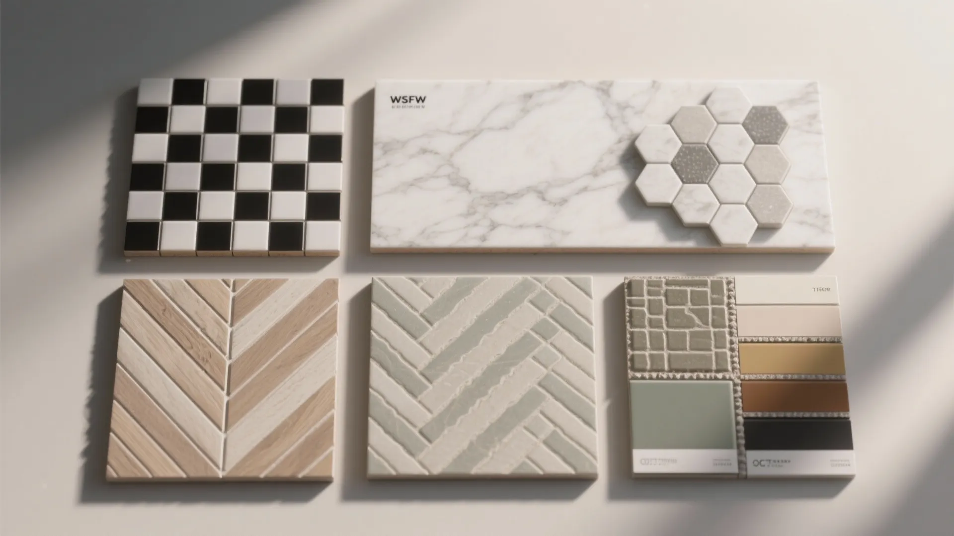 Various floor and wall tile samples in different colors patterns and shapes on a surface
