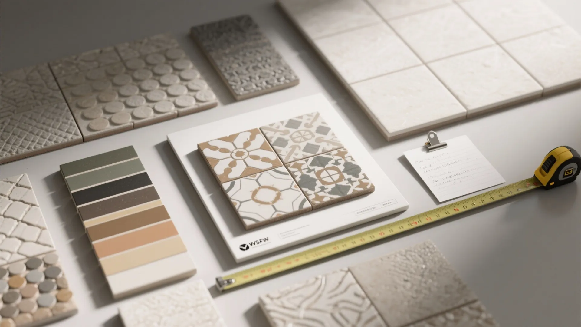 Interior design material board with ceramic tile samples color palette tape measure and a note