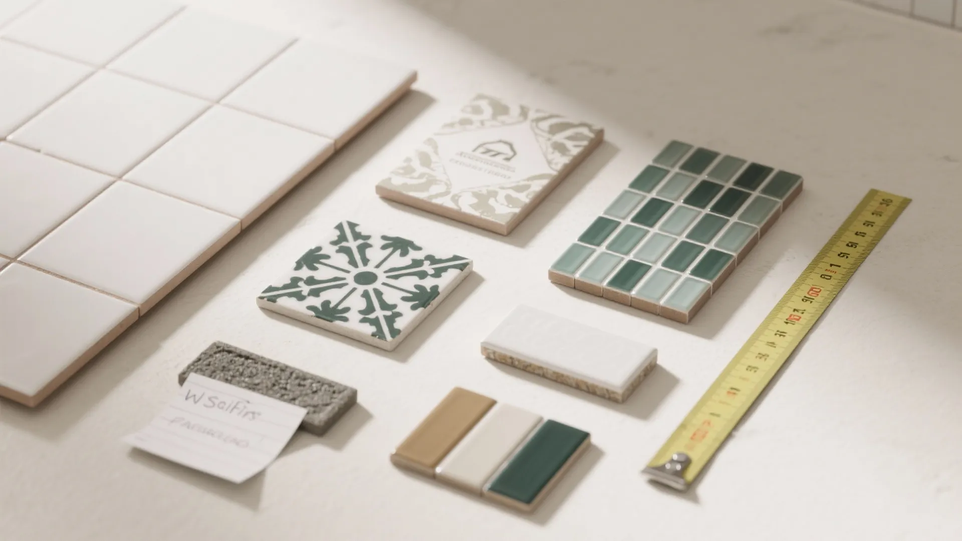 Collection of various ceramic tile samples in green white and patterned styles with measuring tape
