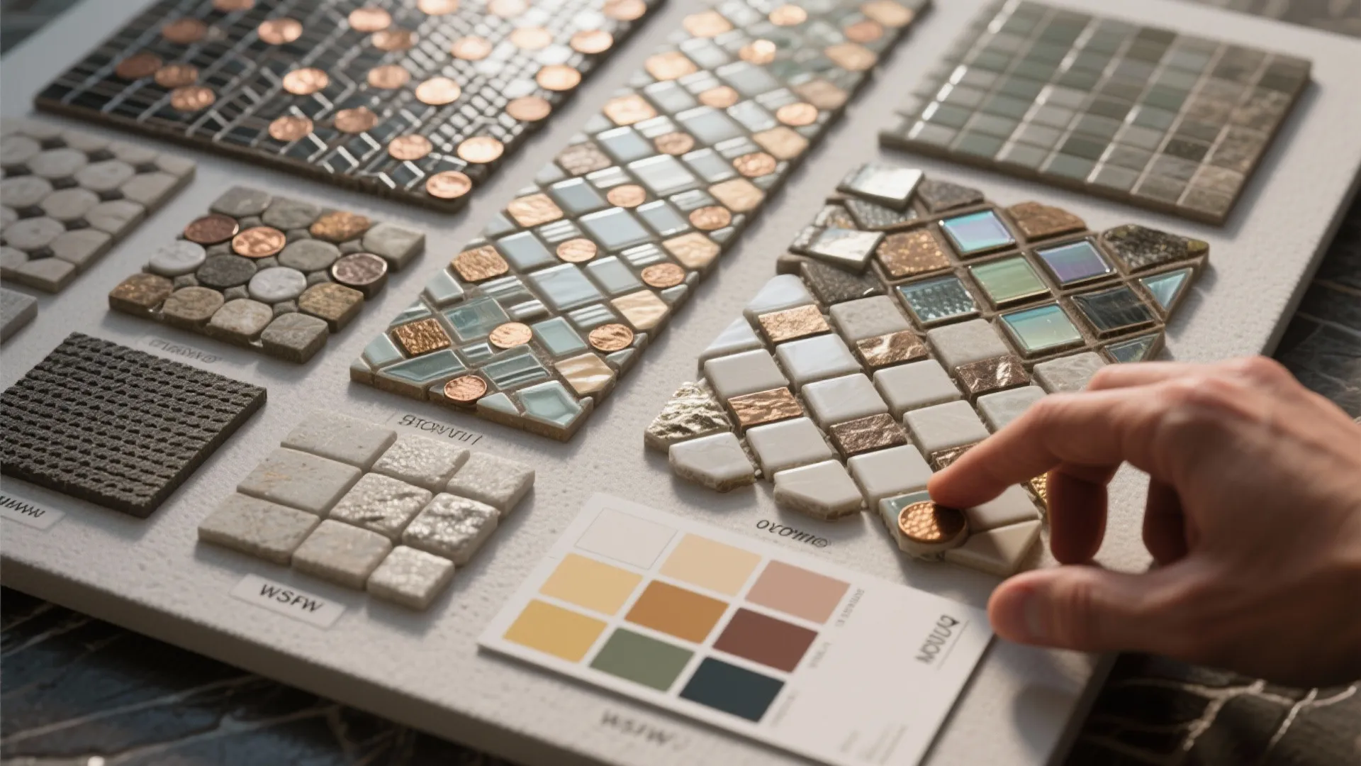 A hand picking various wall and floor tile samples including square round and mosaic design patterns