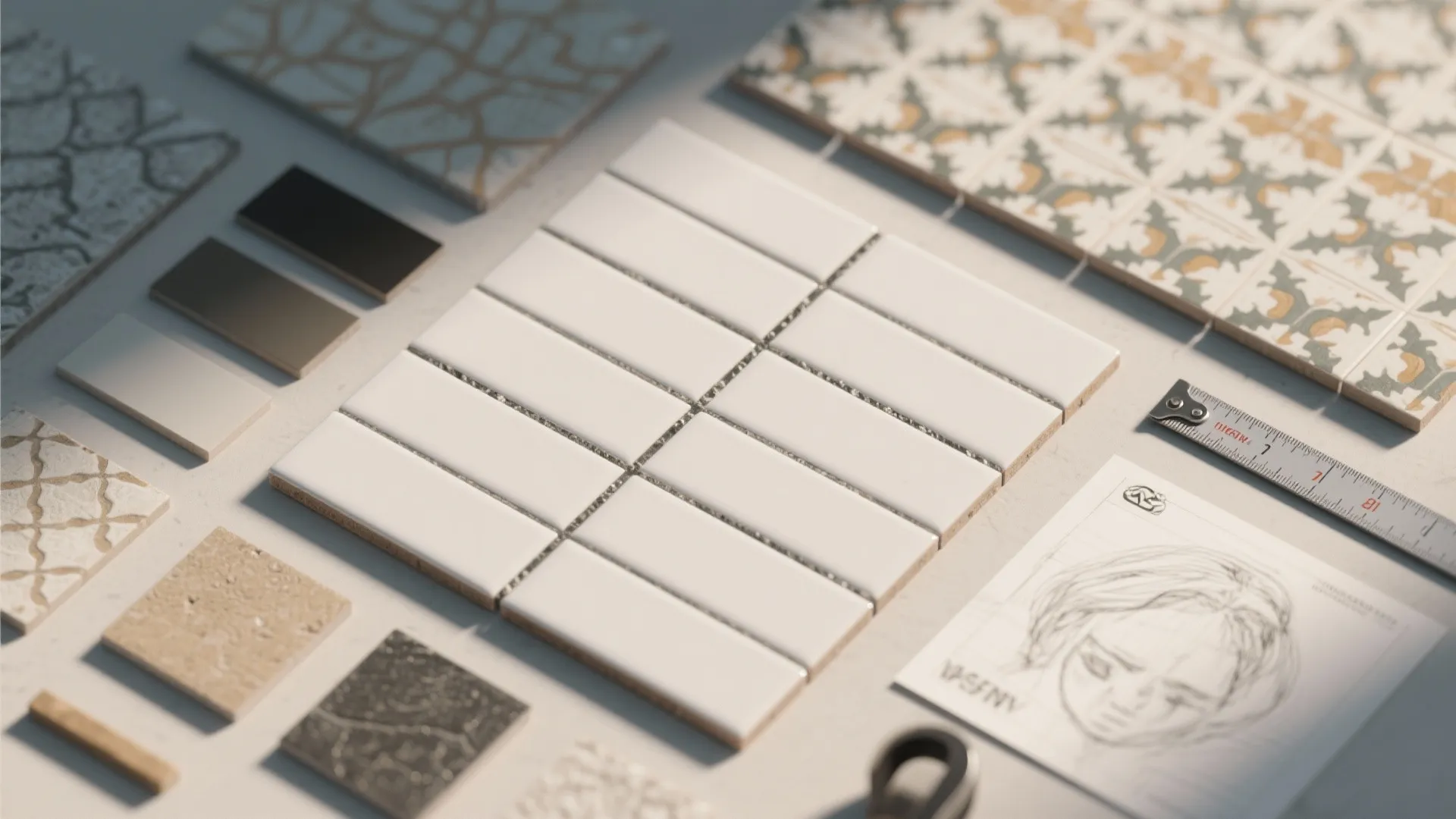 Selection of white and patterned floor tiles arranged on a table with a measuring tape