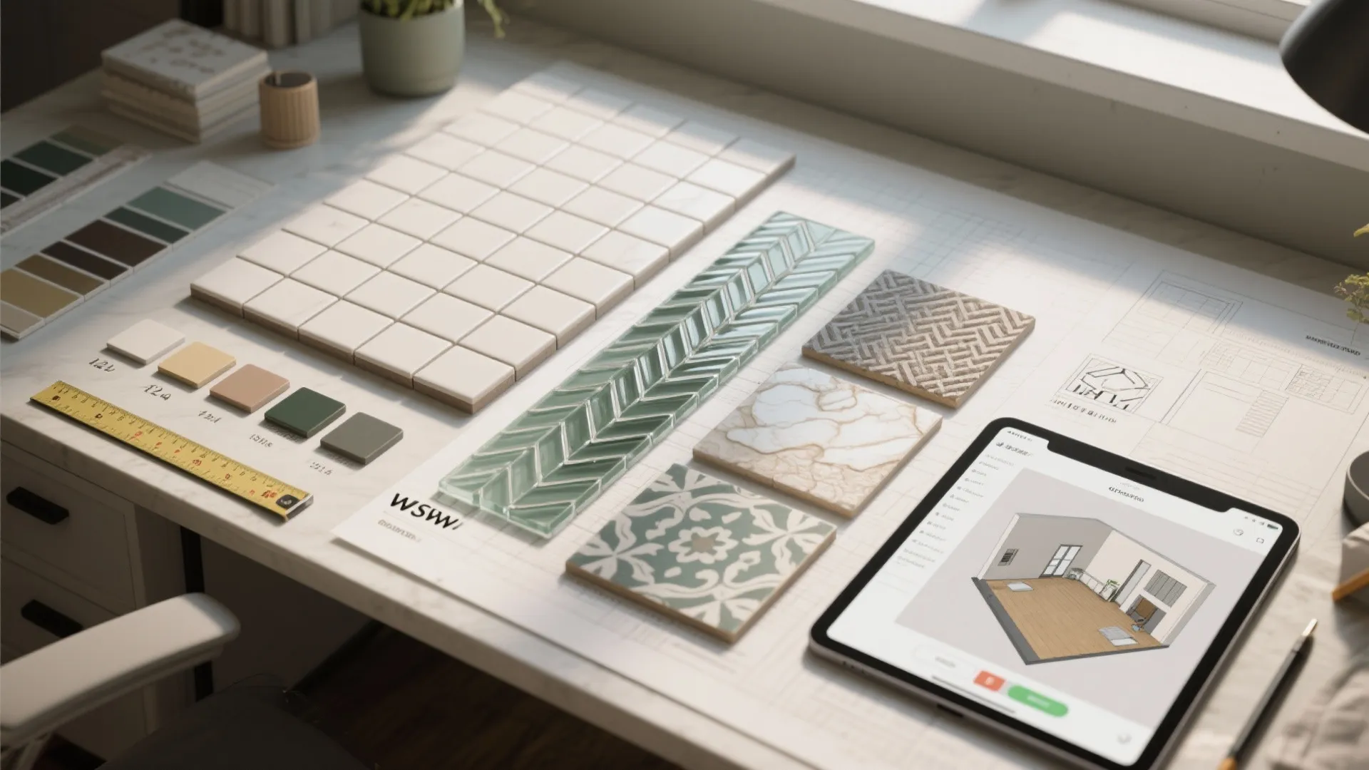 Flatlay of tile samples, grout swatches and a tablet with a room planner for choosing small kitchen tiles.