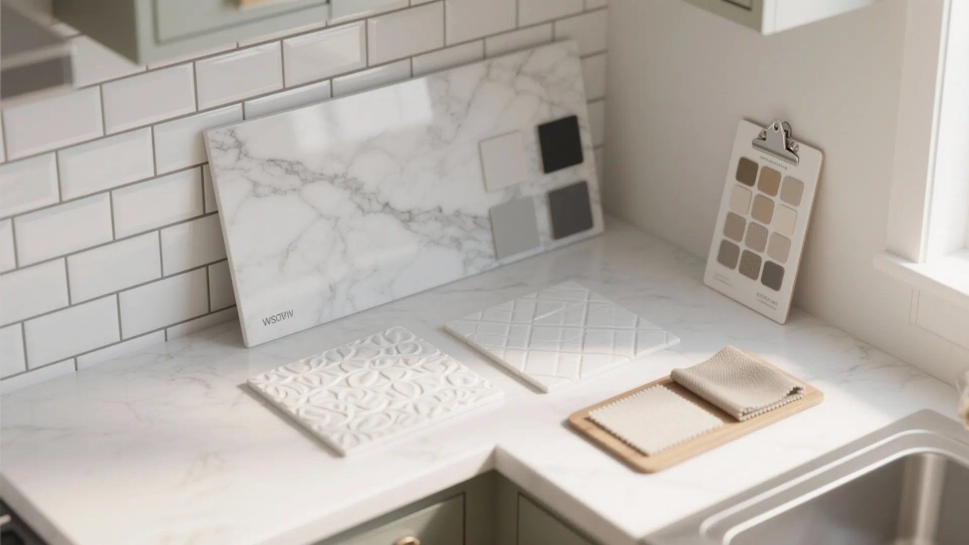 Top-down flatlay of tile samples, grout color swatches and material samples for planning a white kitchen.