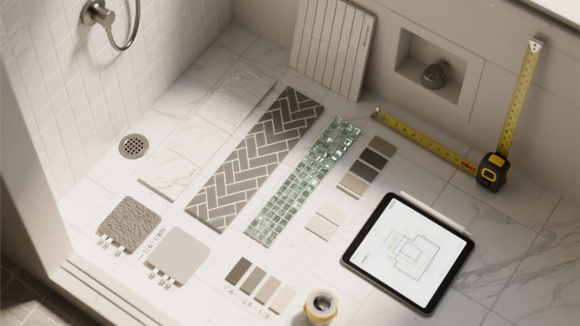 Flatlay of tile samples, grout swatches, and layout tools for planning a small shower.