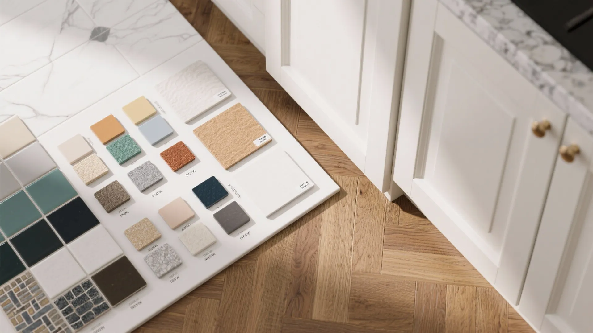 Colorful tile samples on a white board placed on a wooden floor near white kitchen cabinets