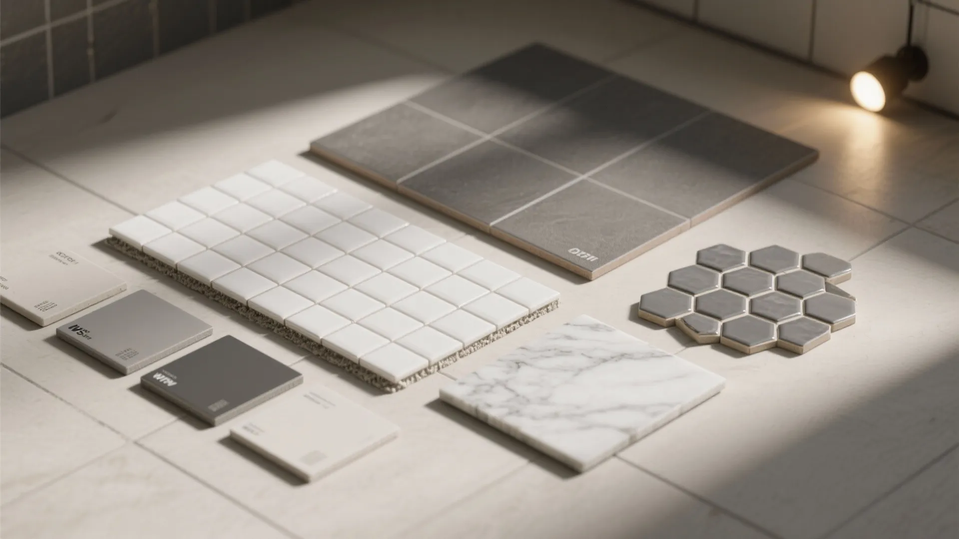 Various interior design tile samples including white squares grey hexagons and marble on a floor