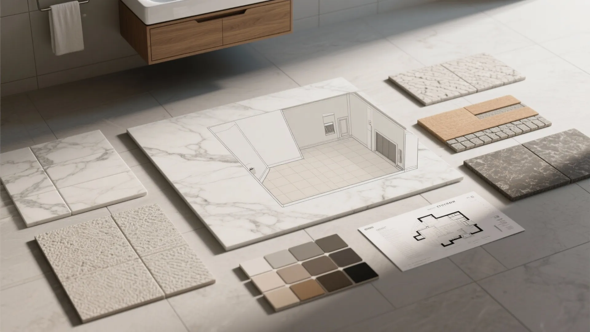 Various floor tile samples surrounding a room layout design drawing on a white marble surface