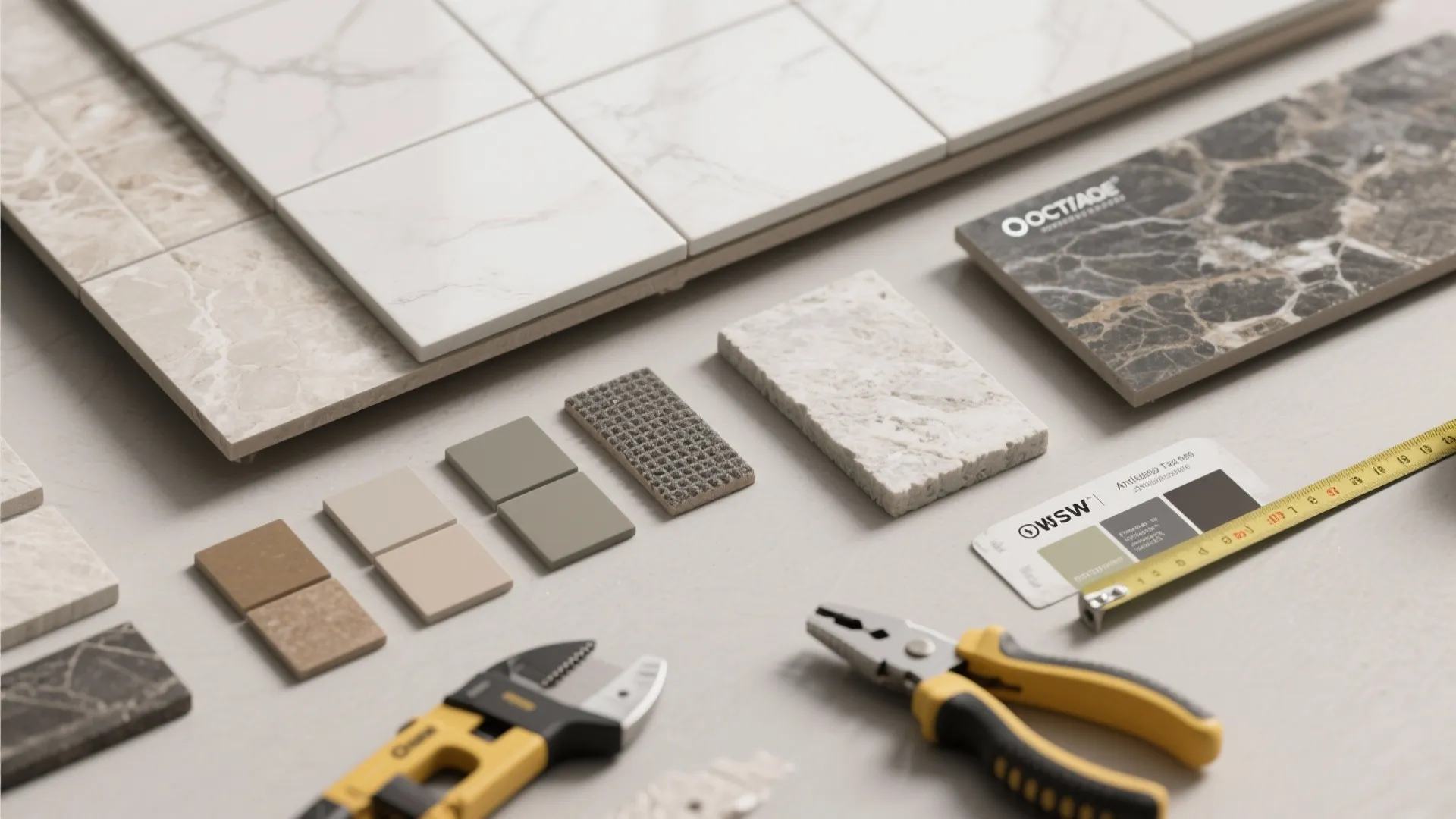 Various floor tile samples with marble patterns next to pliers and a yellow measuring tape