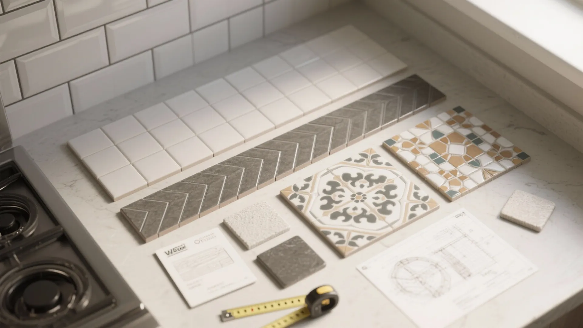 Various wall tile samples organized on a kitchen counter with measuring tape and interior design drawing
