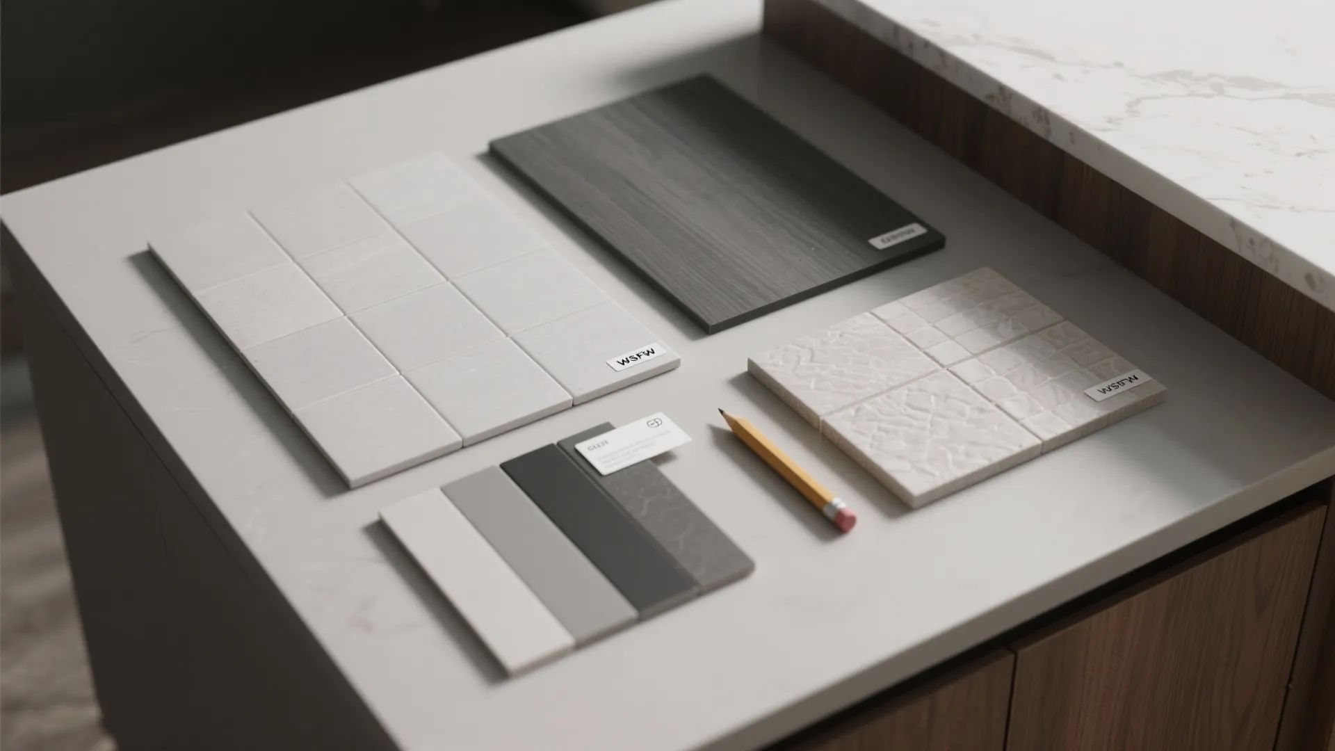 Top-down flatlay of gray tile samples, wood and countertop swatches, and grout strips.