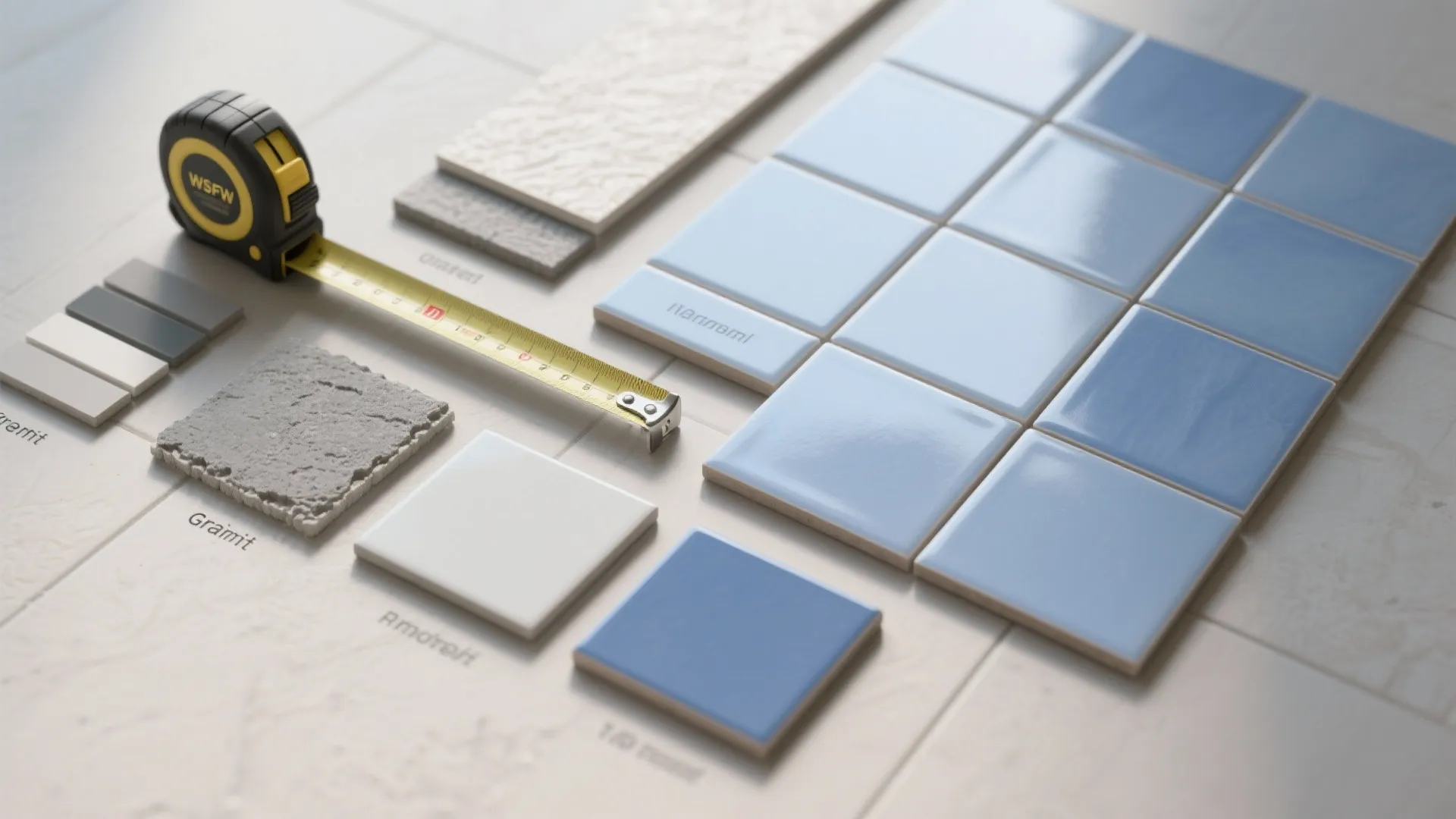 A yellow tape measure lying next to various blue and grey square floor tile samples