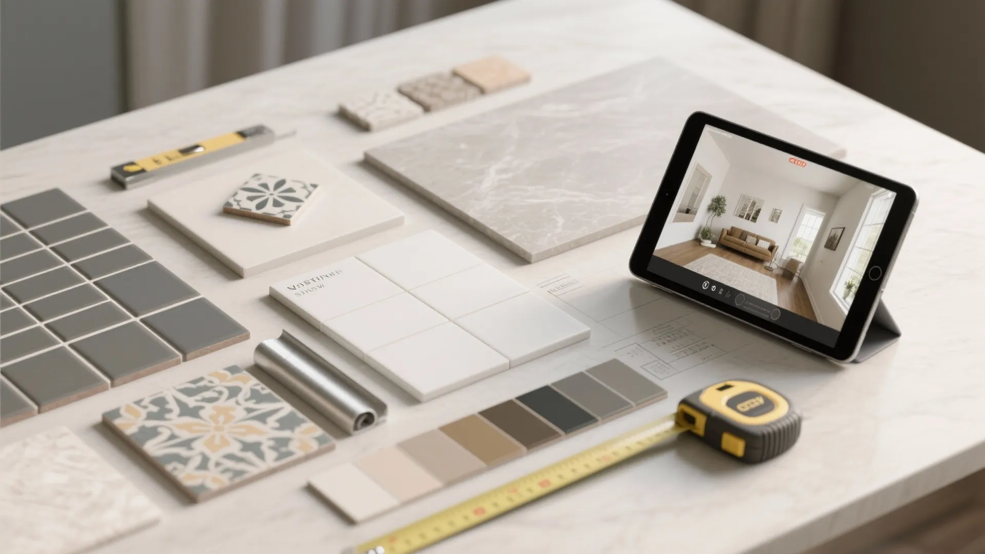 Tile samples, grout swatches and a tablet with a 3D preview for planning