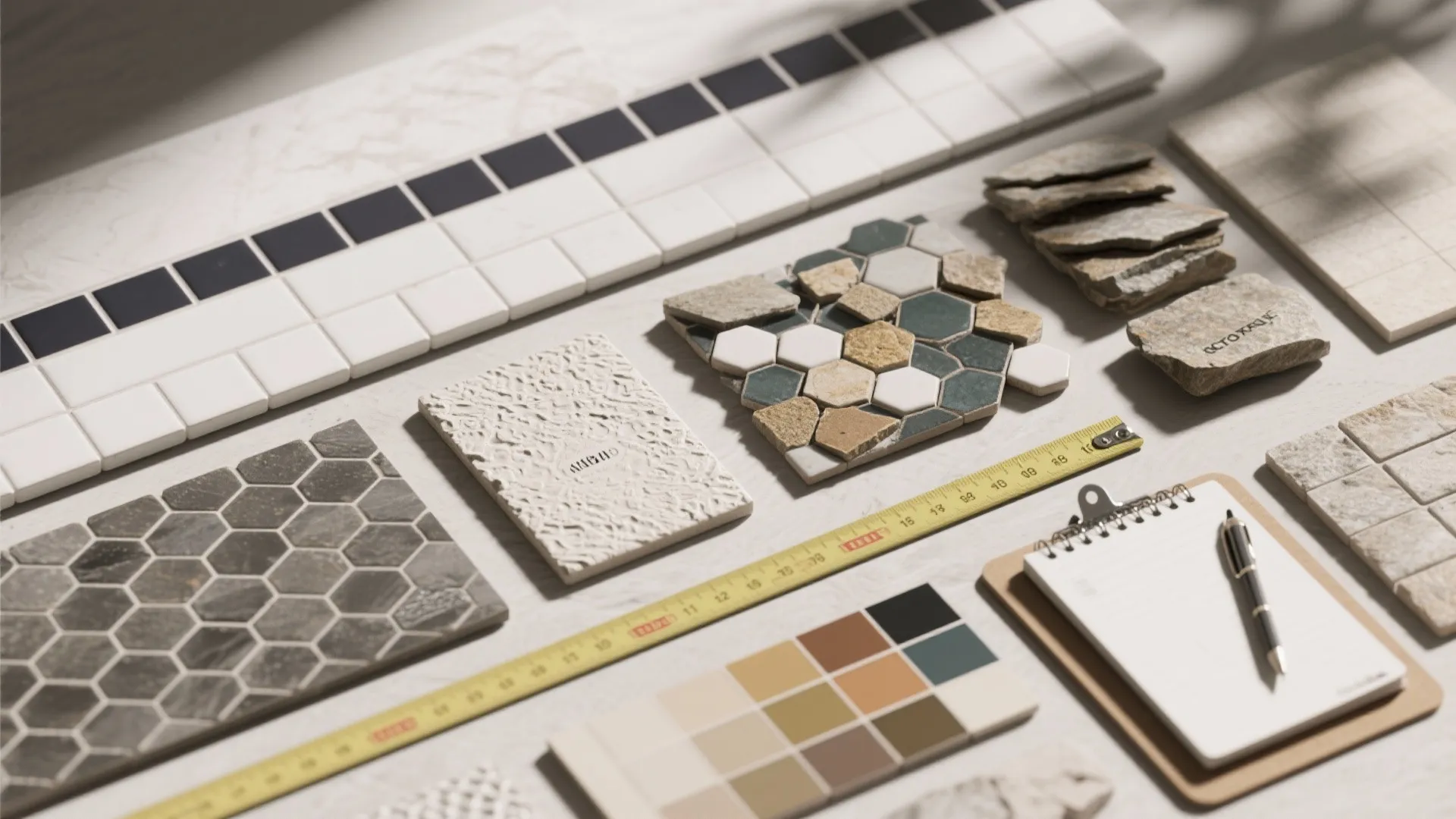 Interior design materials including various tile samples measuring tape color palette and a small notebook