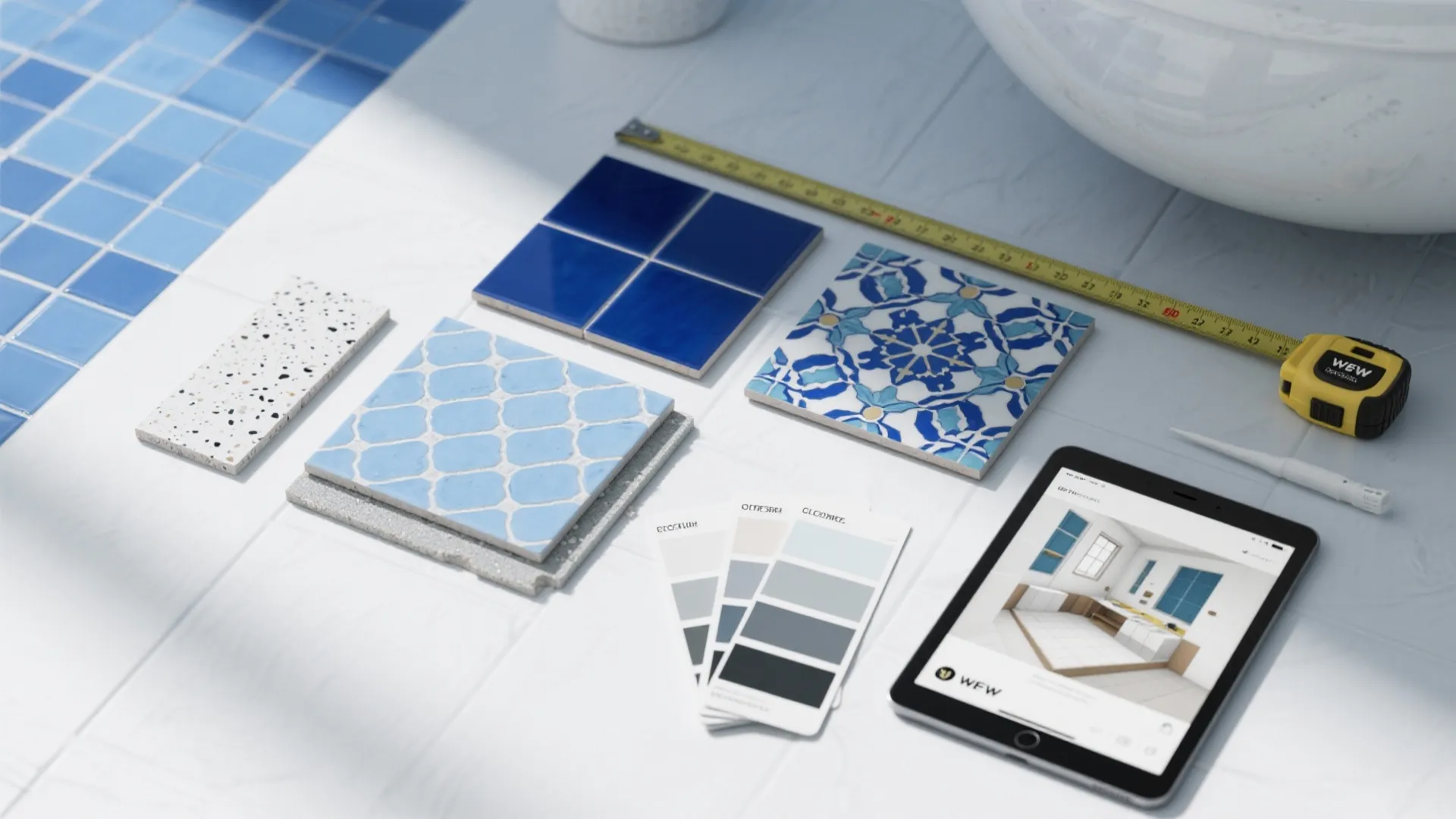 Selection of blue ceramic tiles with a measuring tape tablet and color samples on white floor