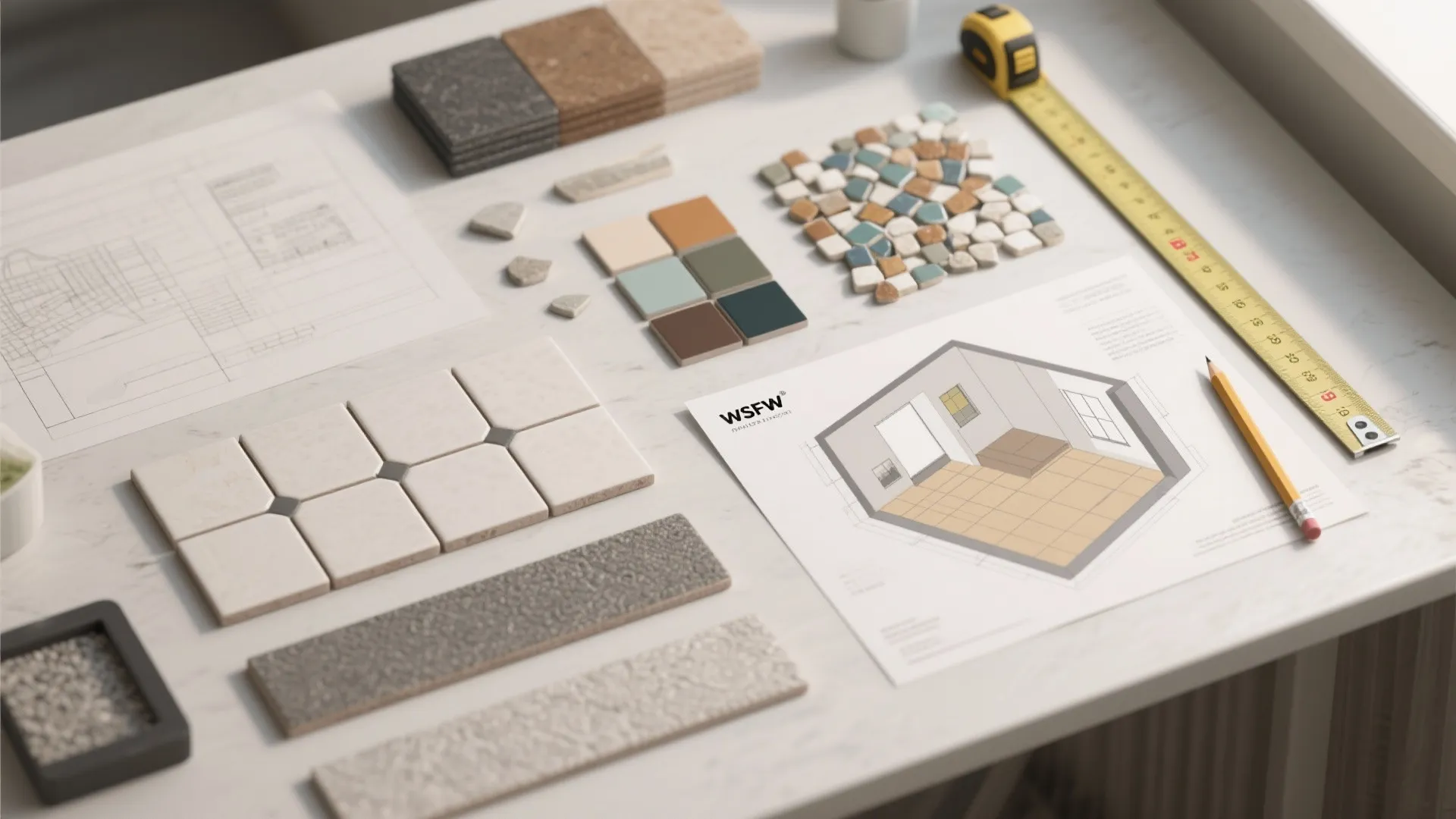 Interior design drawing surrounded by tile samples tape measure pencil and color blocks on desk