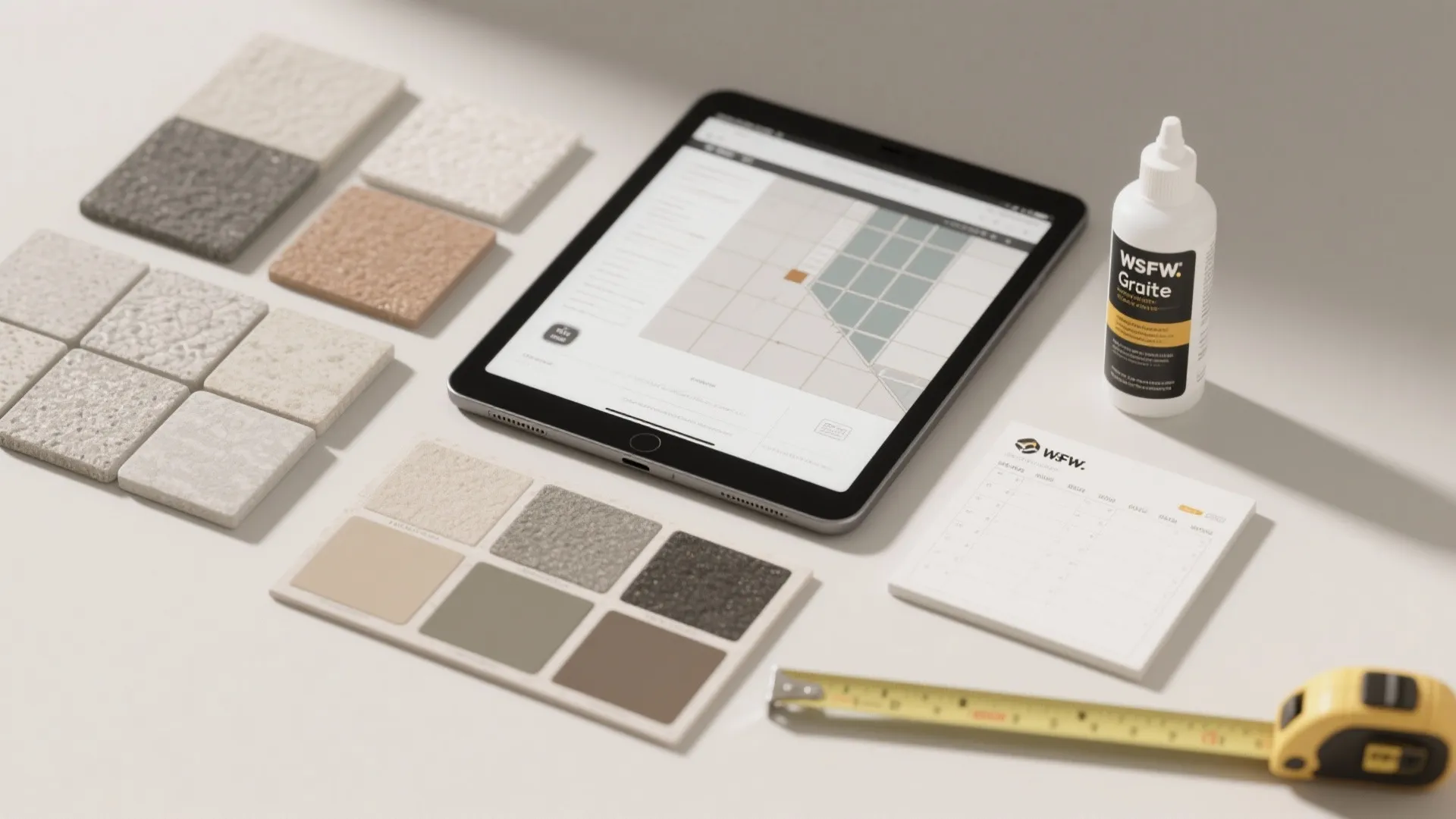Tablet showing floor plan design surrounded by tile samples measuring tape notepad and white bottle