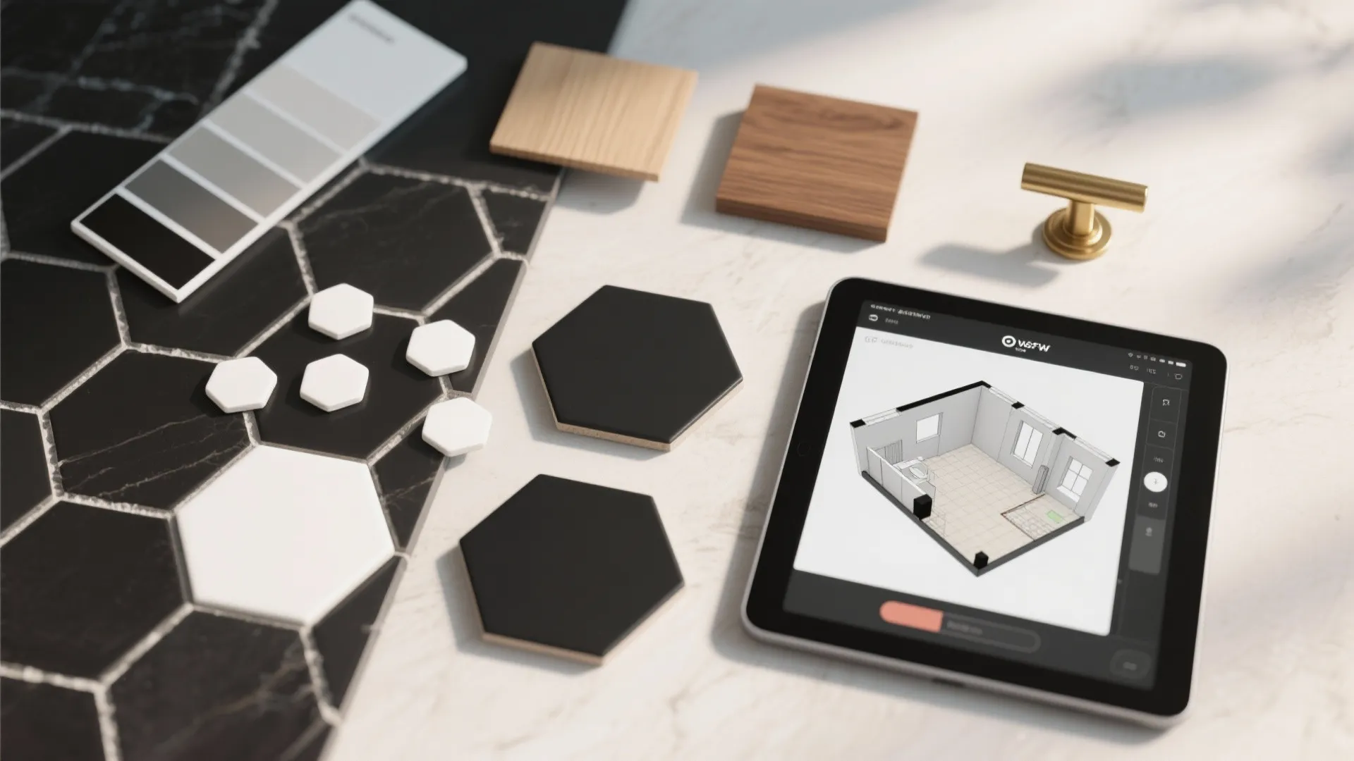 Interior design materials with hexagon tiles wood samples gold handle and tablet showing room layout