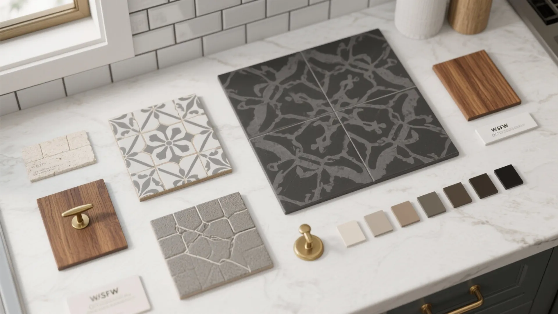 Flatlay of grey tile samples, grout chips, brass hardware and wood swatches for kitchen planning