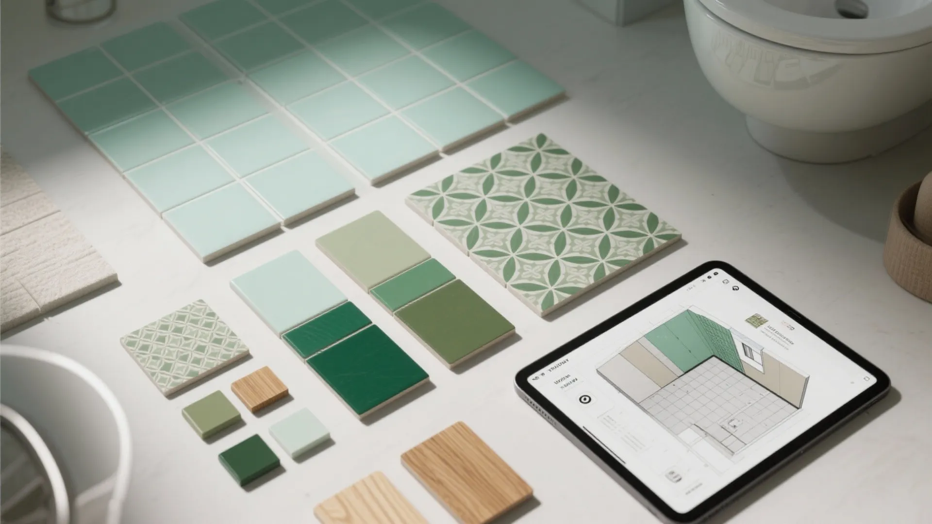 Flatlay of green tile samples, grout swatches and wood samples with a tablet showing a 3D planner