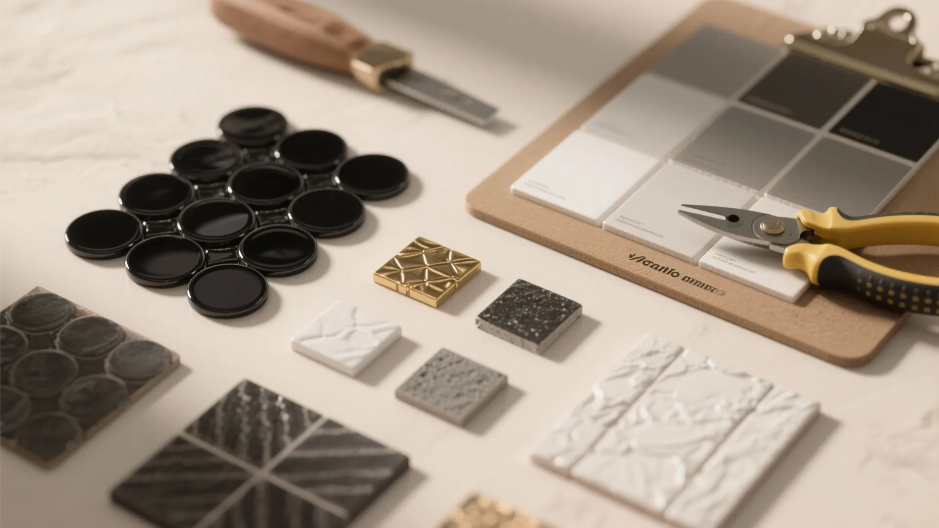 Flatlay of black penny tile samples, grout swatches and accent tiles for planning