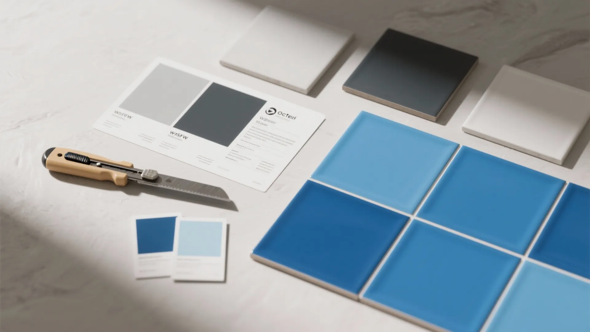 Flatlay of blue porcelain tile samples, grout swatches, and specification cards for planning.