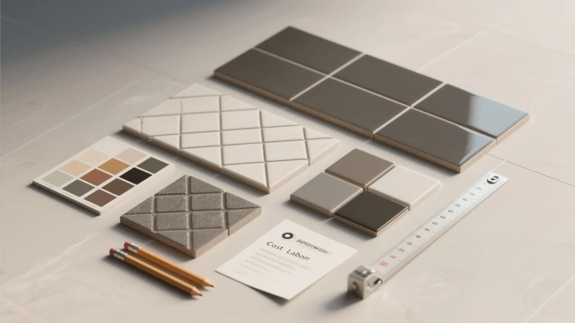 Flatlay of tile and grout samples showing matte and glossy finishes and layout options.