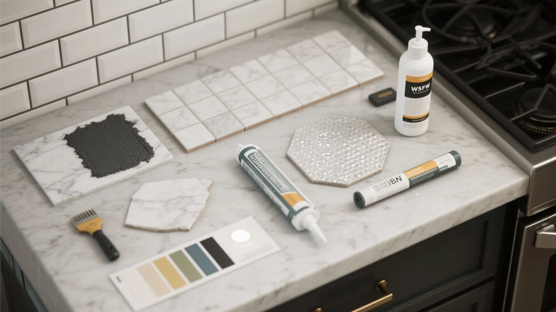 Various tile samples color palette and construction tools placed on a white marble kitchen countertop