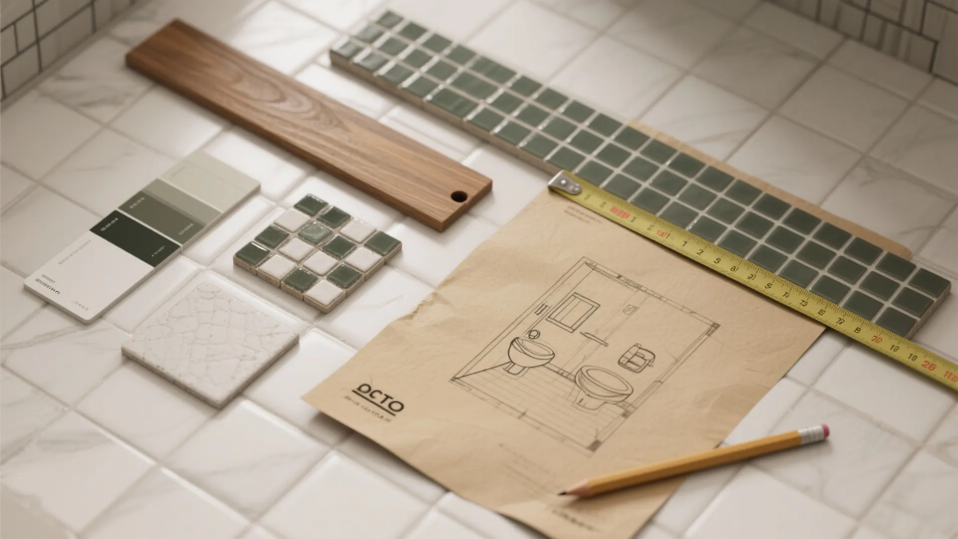 Flatlay of tile samples, grout swatches and a small bathroom sketch for layout planning