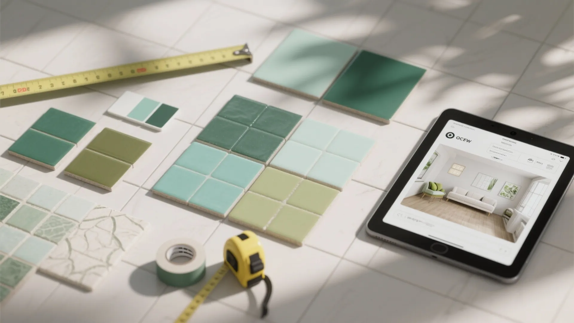 Green floor tile samples on a white floor with a measuring tape and a digital tablet