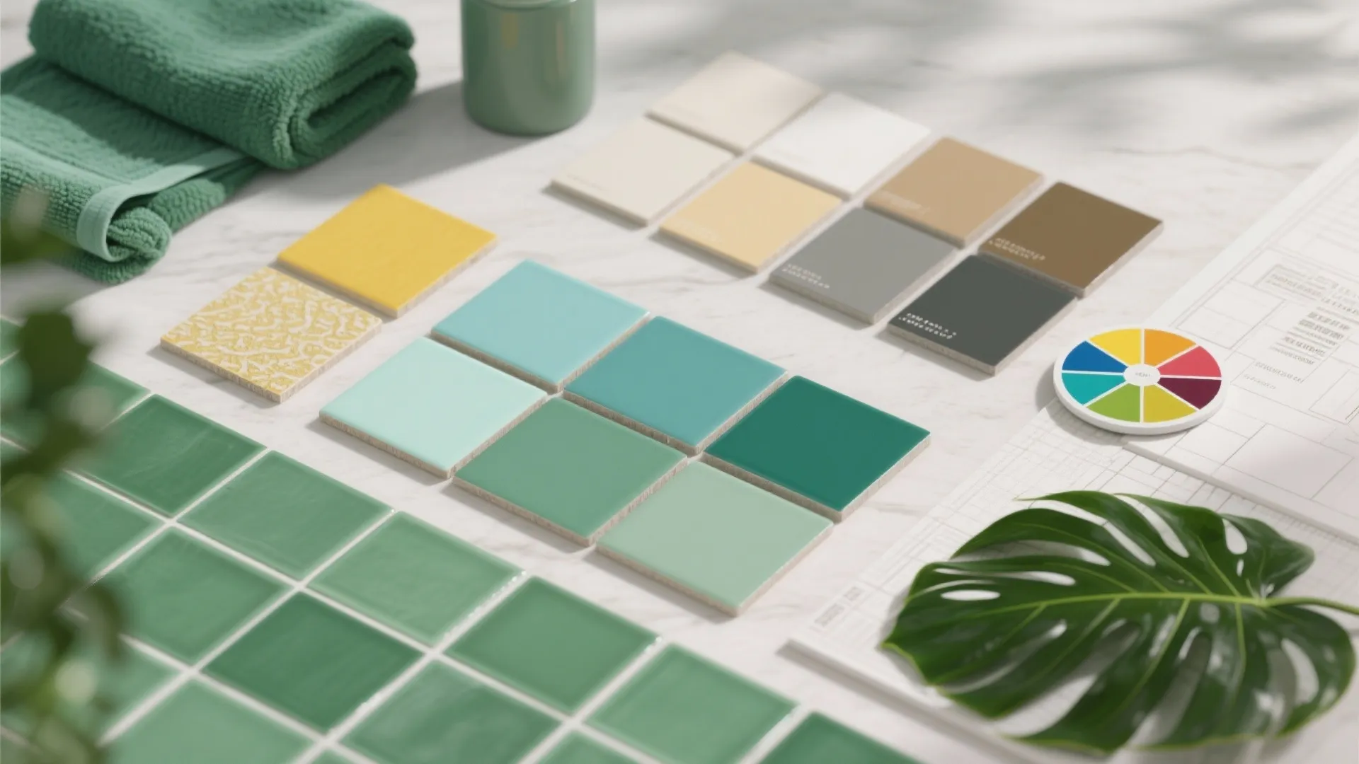 Flatlay of green tile swatches, grout chips, fabric samples and plant leaf for cohesive planning.