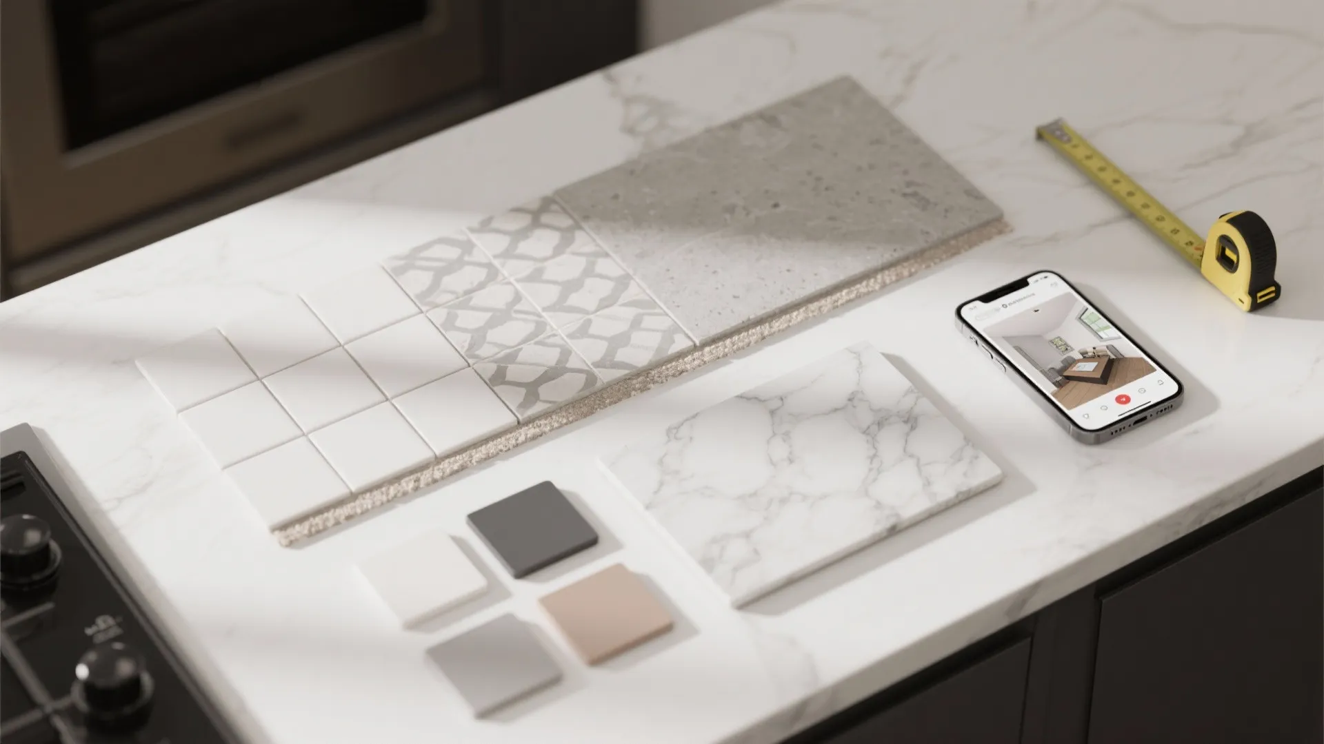 Various interior design tile samples, measuring tape, and smartphone on a white marble kitchen countertop
